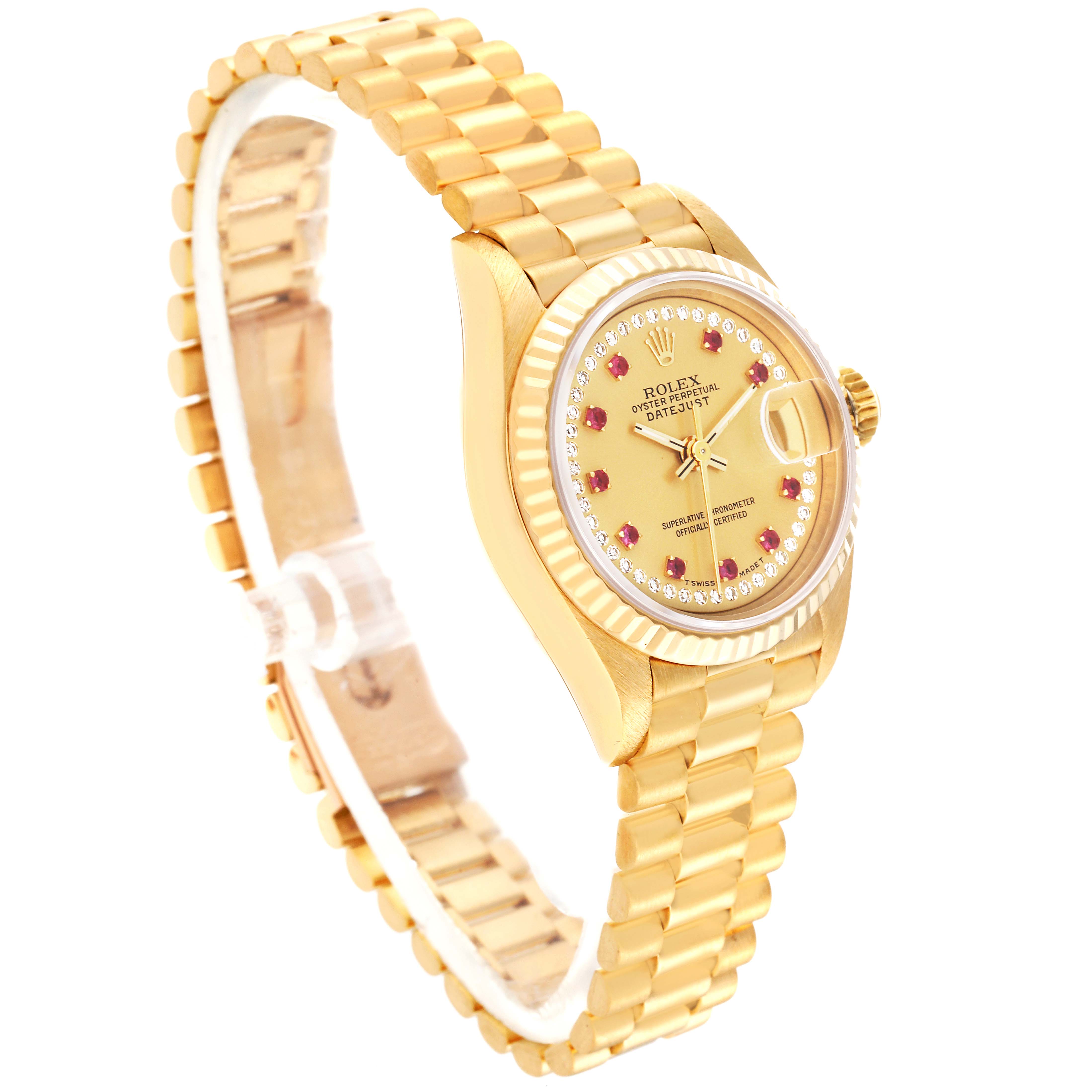 The image shows a Rolex President 69178 Women's Yellow Gold Champagne Dial 69178 Women's Yellow Gold Champagne Dial model watch from an angled side view, focusing on the bracelet, case, and dial.