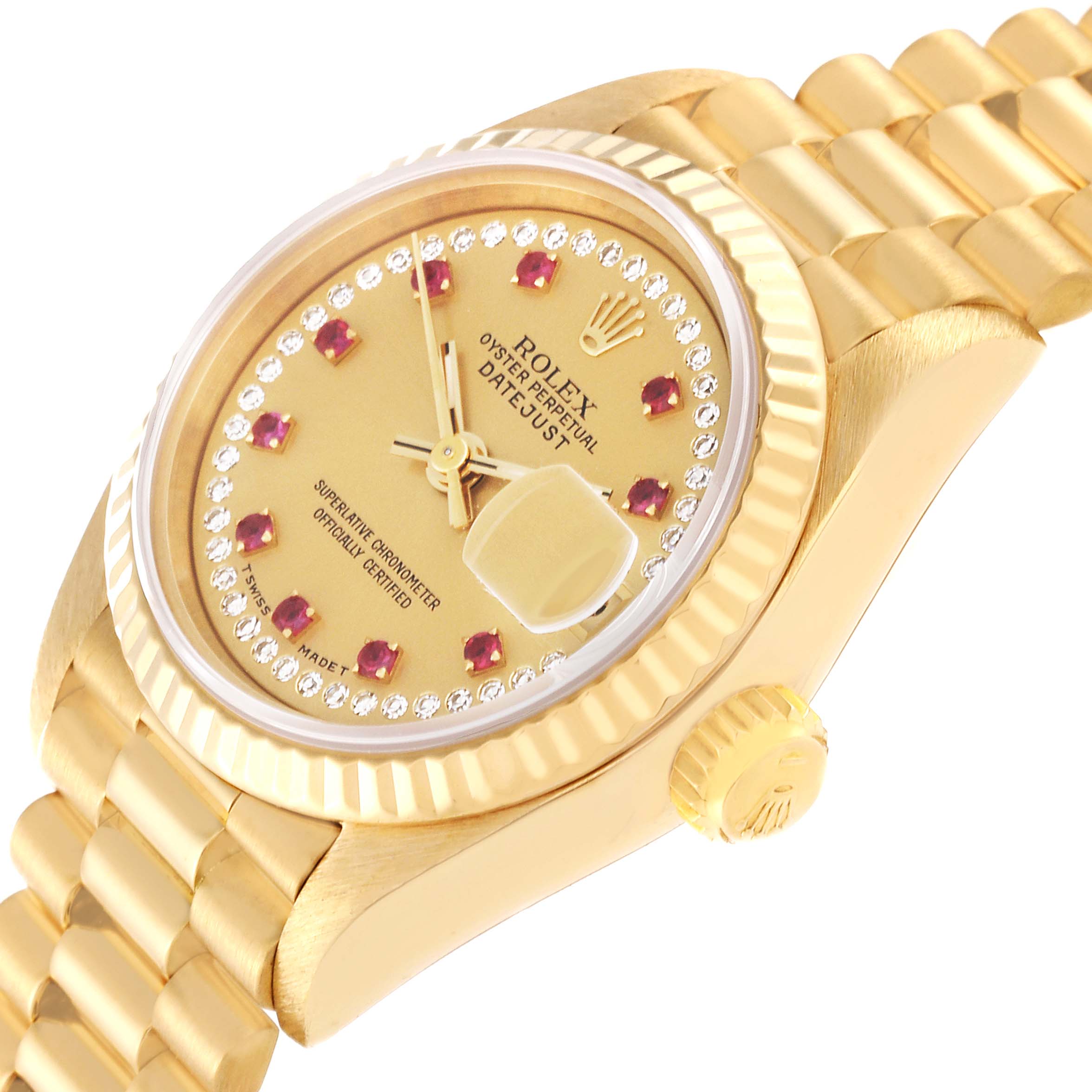 The image shows a partial side view of the Rolex President 69178 Women's Yellow Gold Champagne Dial 69178 Women's Yellow Gold Champagne Dial model watch, highlighting the dial, crown, and part of the bracelet.