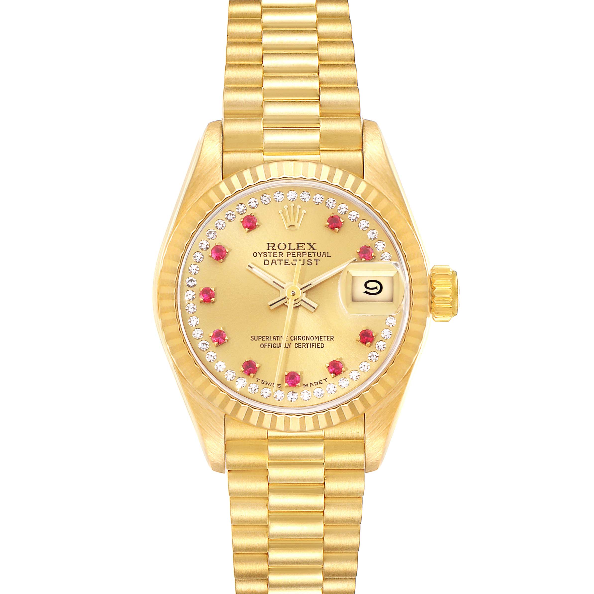The image shows a Rolex President 69178 Women's Yellow Gold Champagne Dial 69178 Women's Yellow Gold Champagne Dial model watch, featuring its full face, bezel, crown, and bracelet from the front angle.