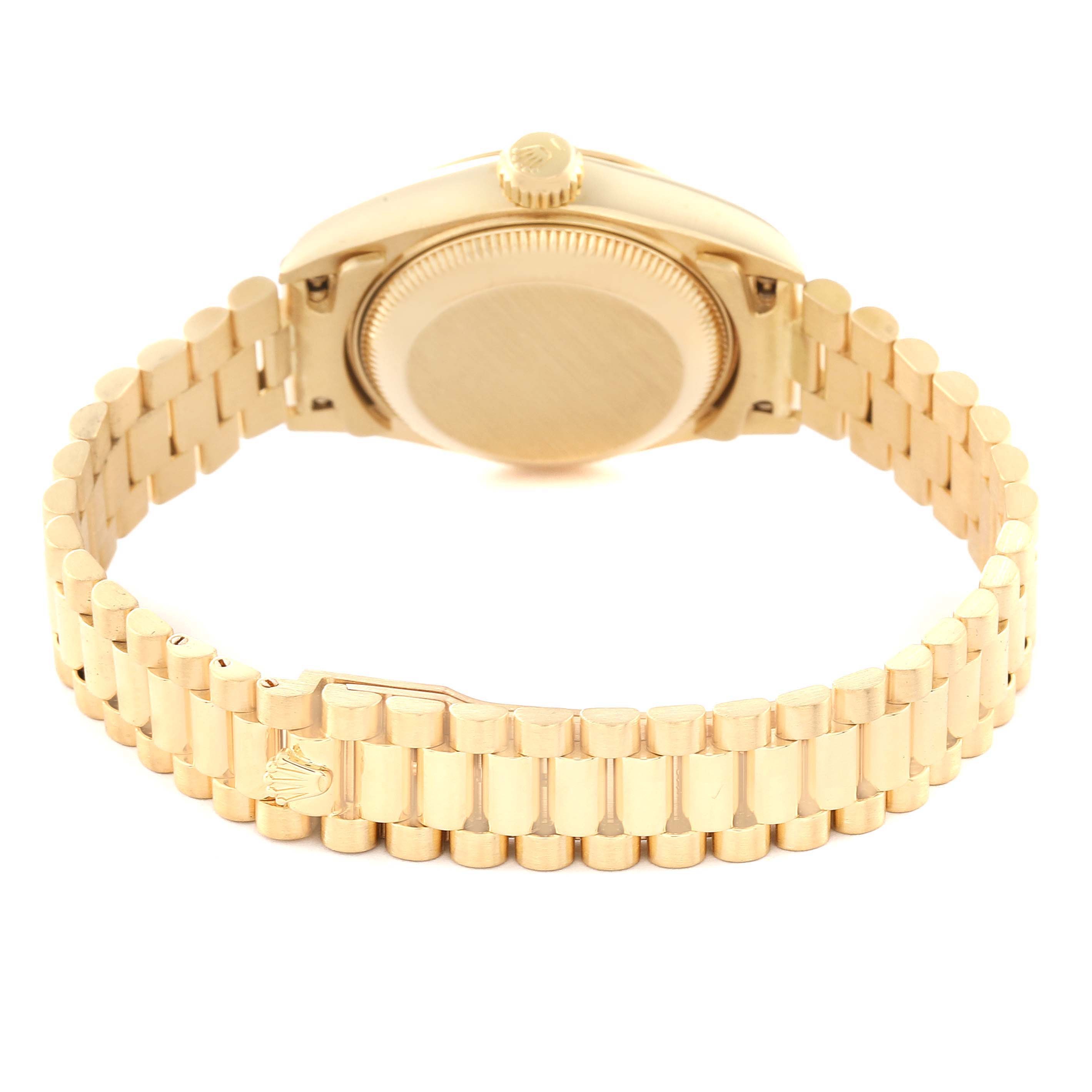 This image shows the back view of a Rolex President 69178 Women's Yellow Gold Champagne Dial 69178 Women's Yellow Gold Champagne Dial model watch, including the case back, bracelet, and clasp.