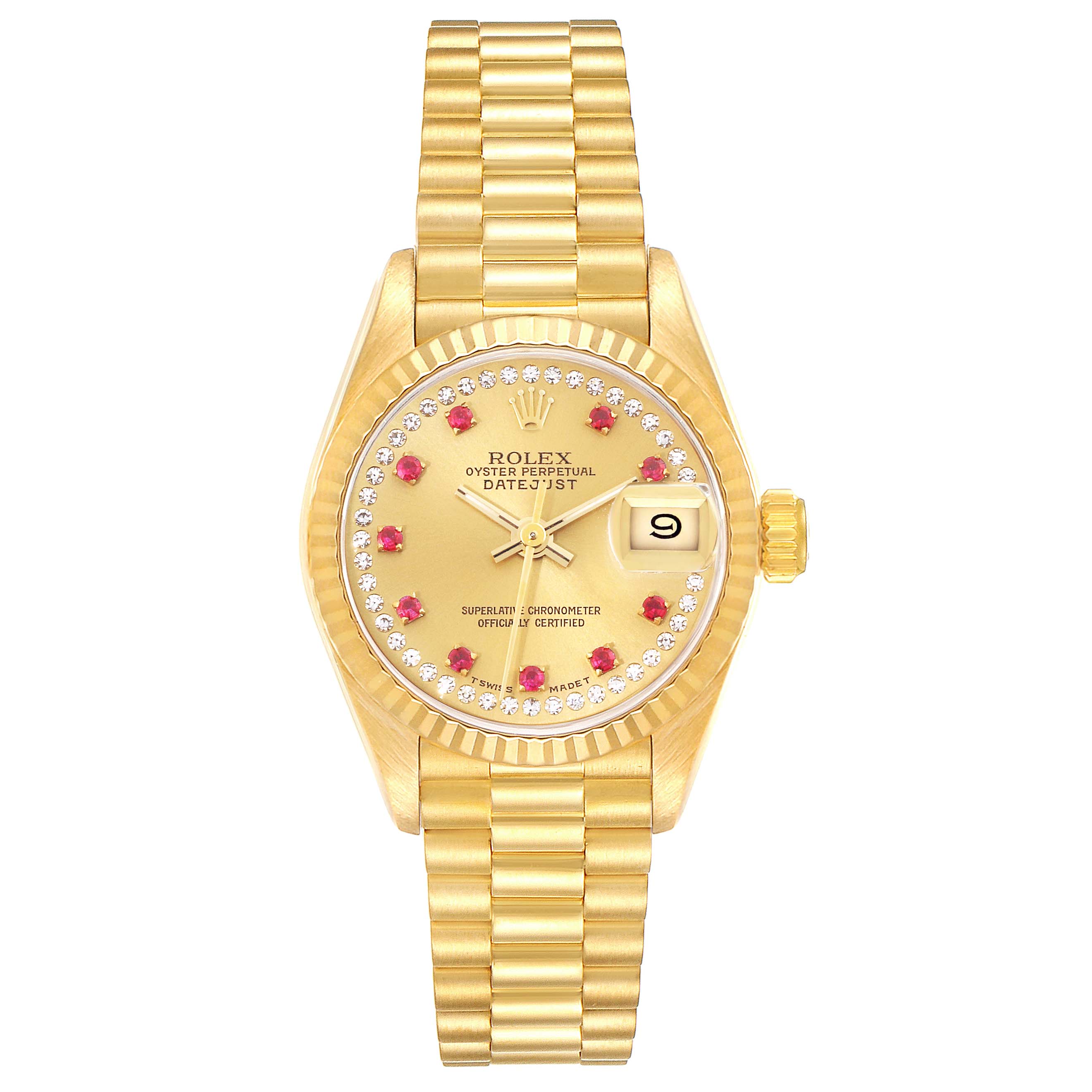 The image shows a frontal view of a Rolex President 69178 Women's Yellow Gold Champagne Dial 69178 Women's Yellow Gold Champagne Dial model watch, highlighting the dial, bracelet, and date window.