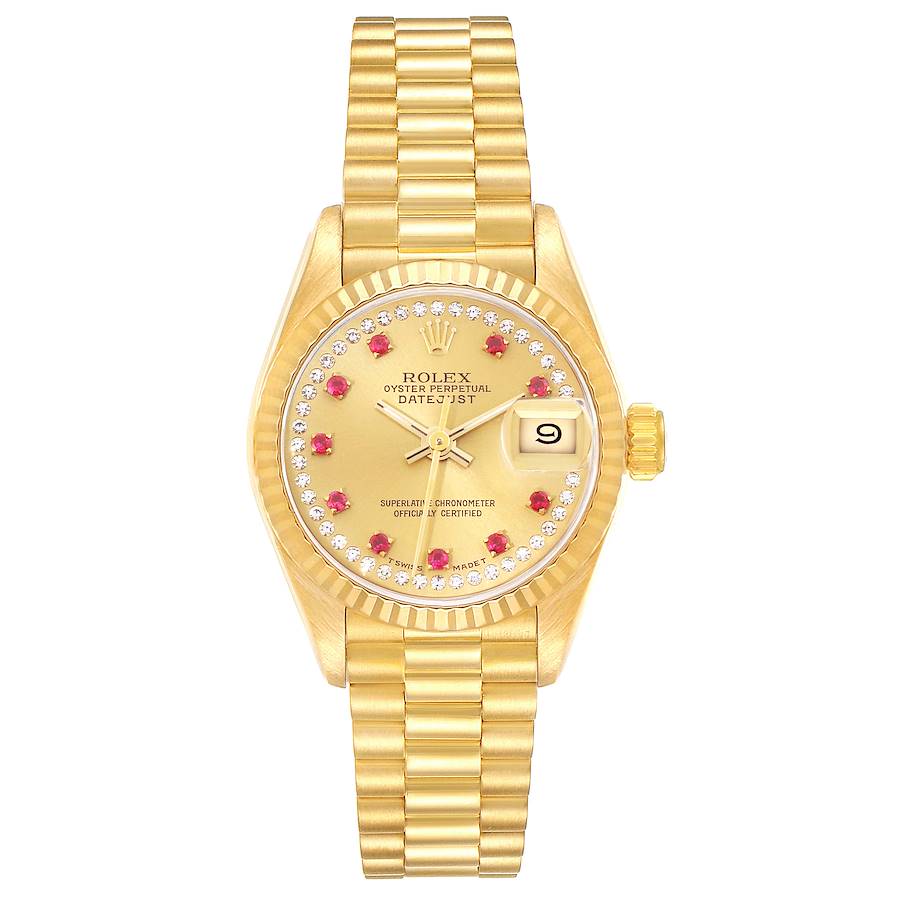 Rolex President Datejust Yellow Gold Diamond Ruby Ladies Watch 69178 SwissWatchExpo