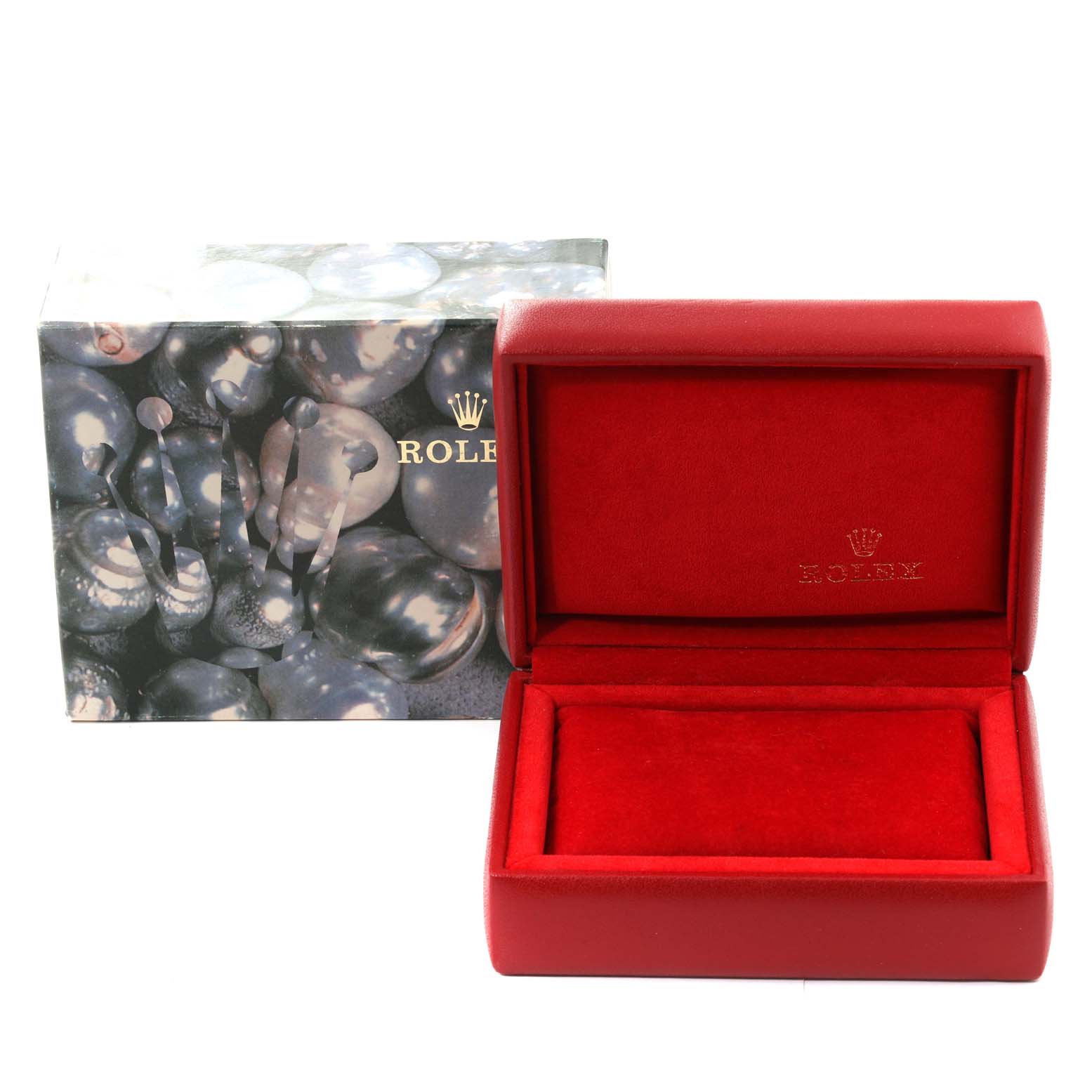 The image shows a red Rolex President 69178 Women's Yellow Gold Champagne Dial 69178 Women's Yellow Gold Champagne Dial watch box with "Rolex" branding, alongside its outer box adorned with a bubble design.