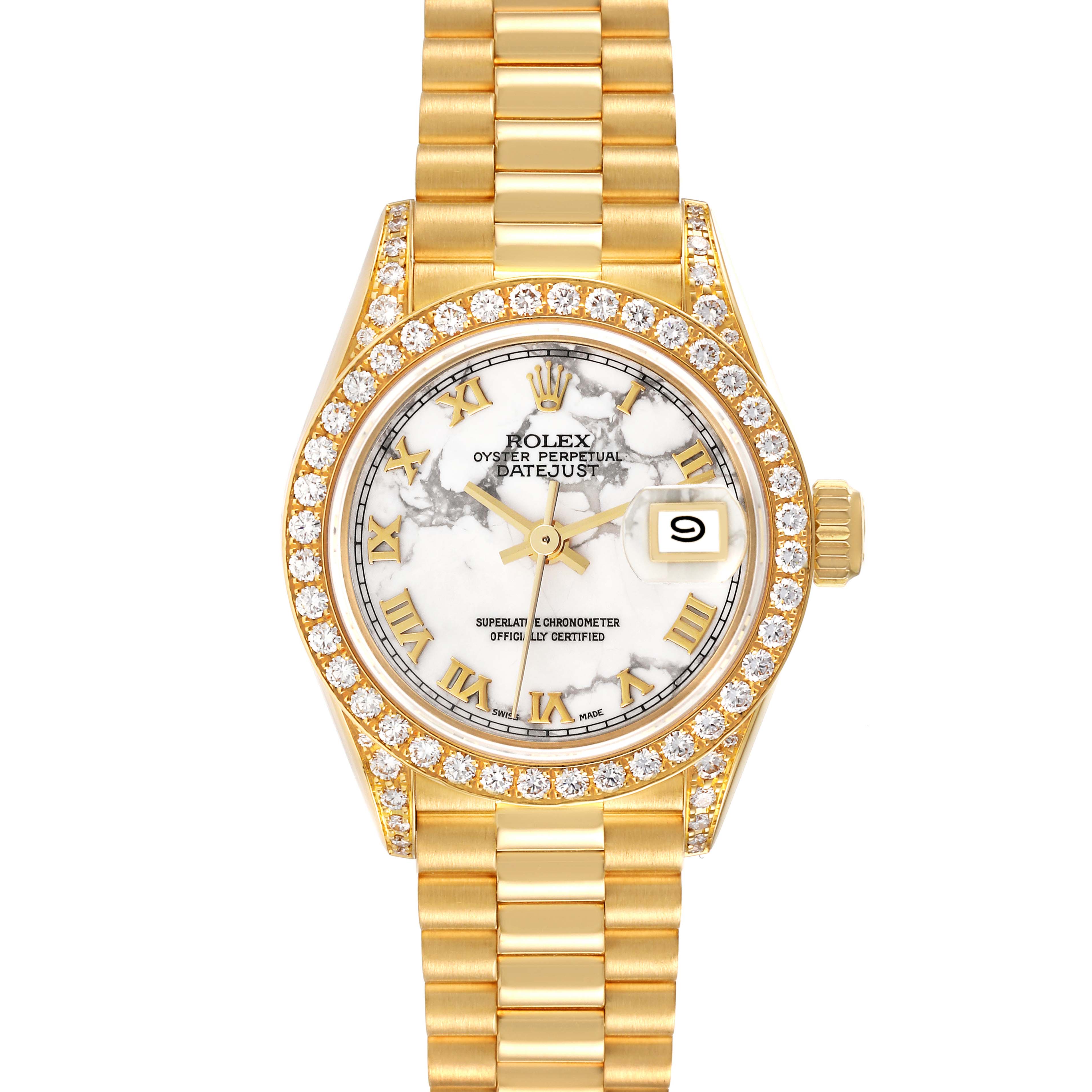 The image shows a front view of a Rolex President 69158 Women's Yellow Gold White Dial 69158 Women's Yellow Gold White Dial model watch, displaying the face, bezel, and bracelet.