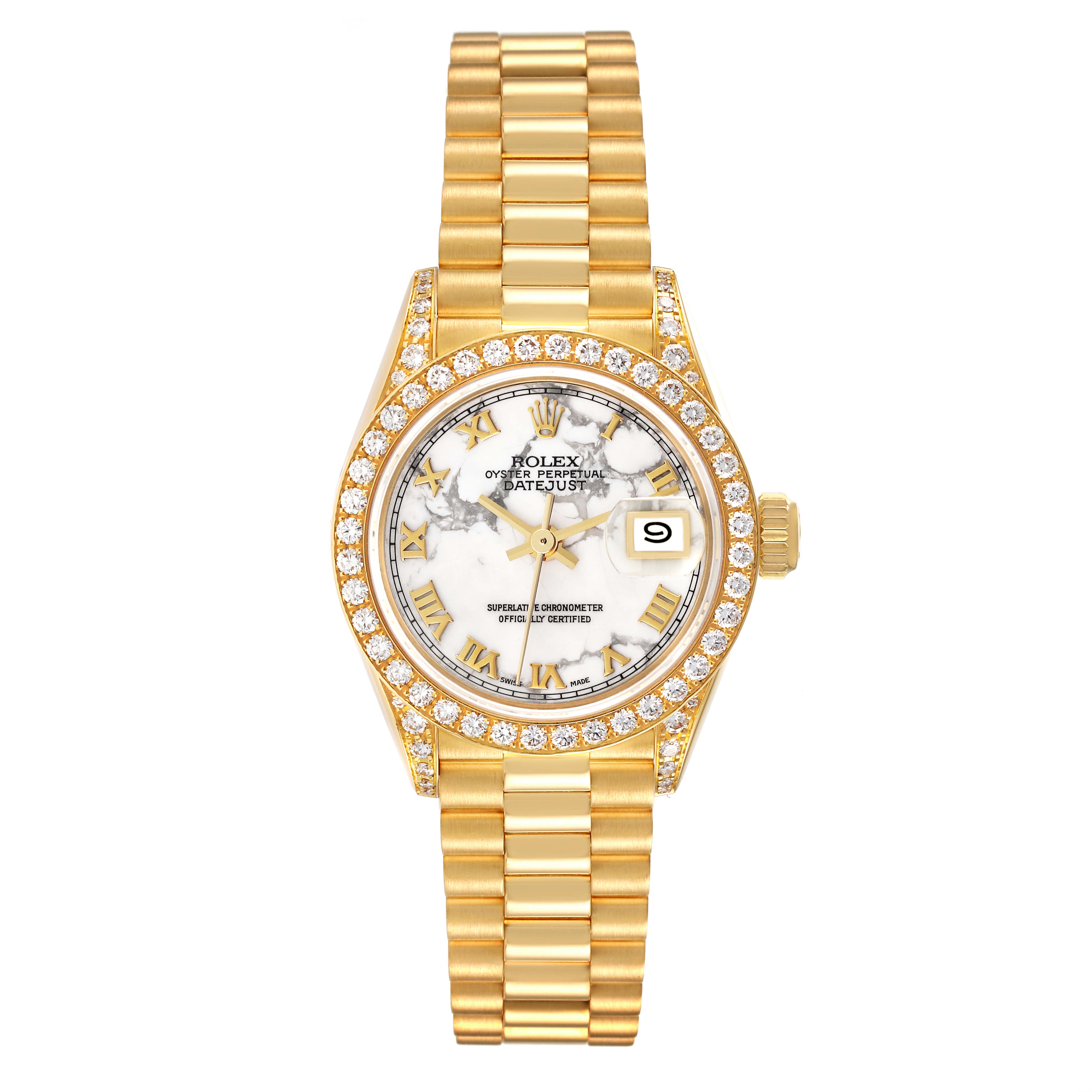 The image shows a front view of a Rolex President 69158 Women's Yellow Gold White Dial 69158 Women's Yellow Gold White Dial model watch, highlighting the dial, bezel, case, and bracelet.