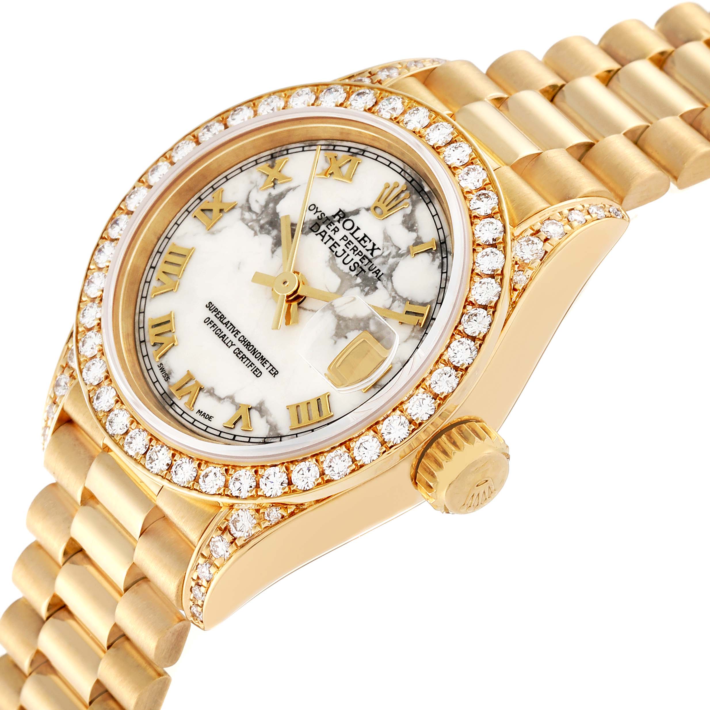 This image shows a Rolex President 69158 Women's Yellow Gold White Dial 69158 Women's Yellow Gold White Dial model watch from an angled side perspective, displaying its diamond bezel and bracelet.