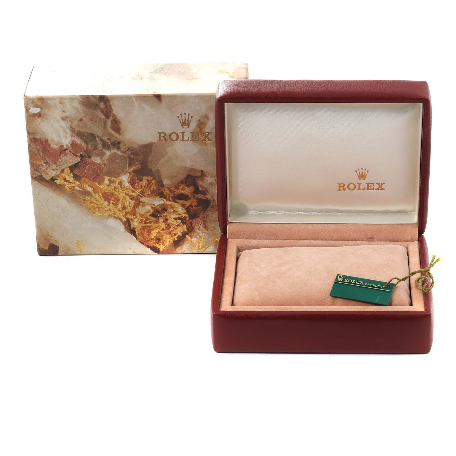 The image shows the packaging for a Rolex President 69158 Women's Yellow Gold White Dial 69158 Women's Yellow Gold White Dial model watch, including an open watch box and an outer box.