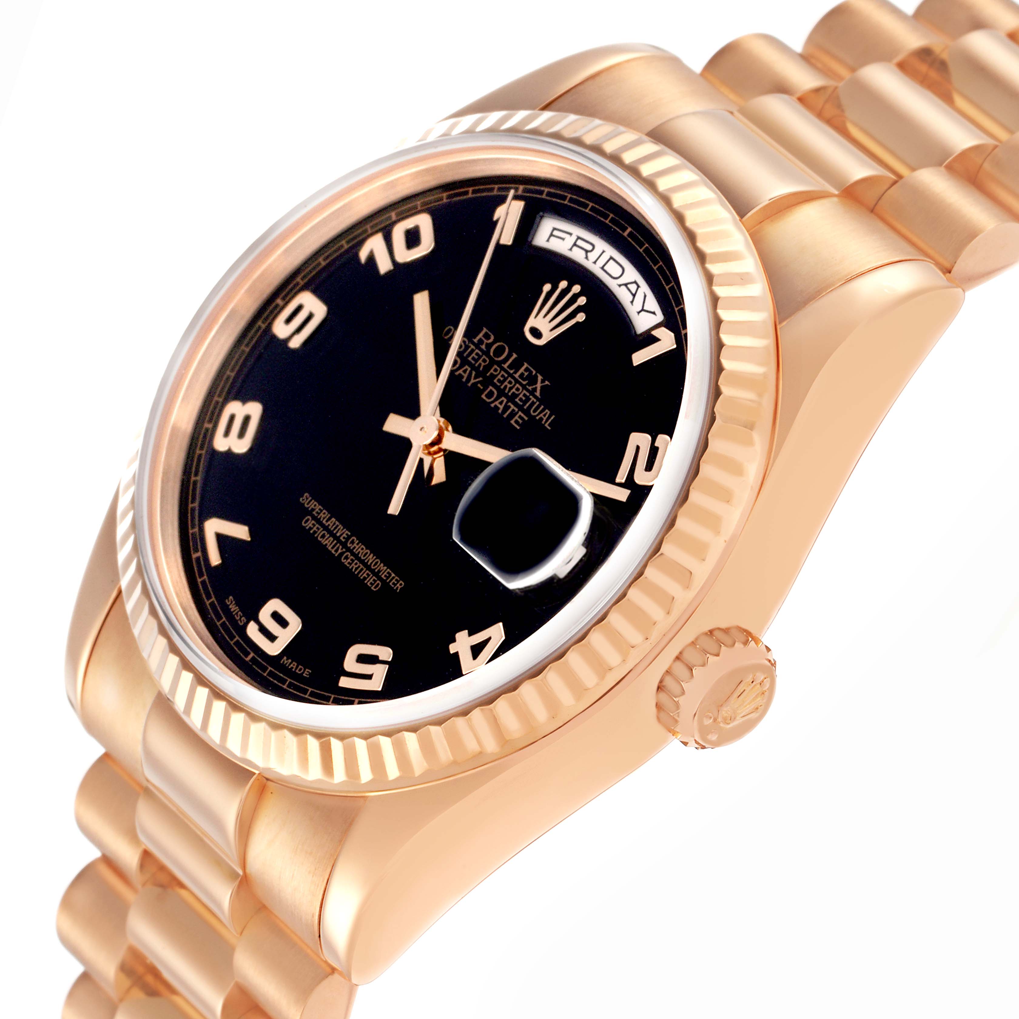 The Rolex President 118235 Men's Rose Gold Black Dial 118235 Men's Rose Gold Black Dial model watch is shown at an angled top-down view, displaying the face, bezel, and part of the bracelet.