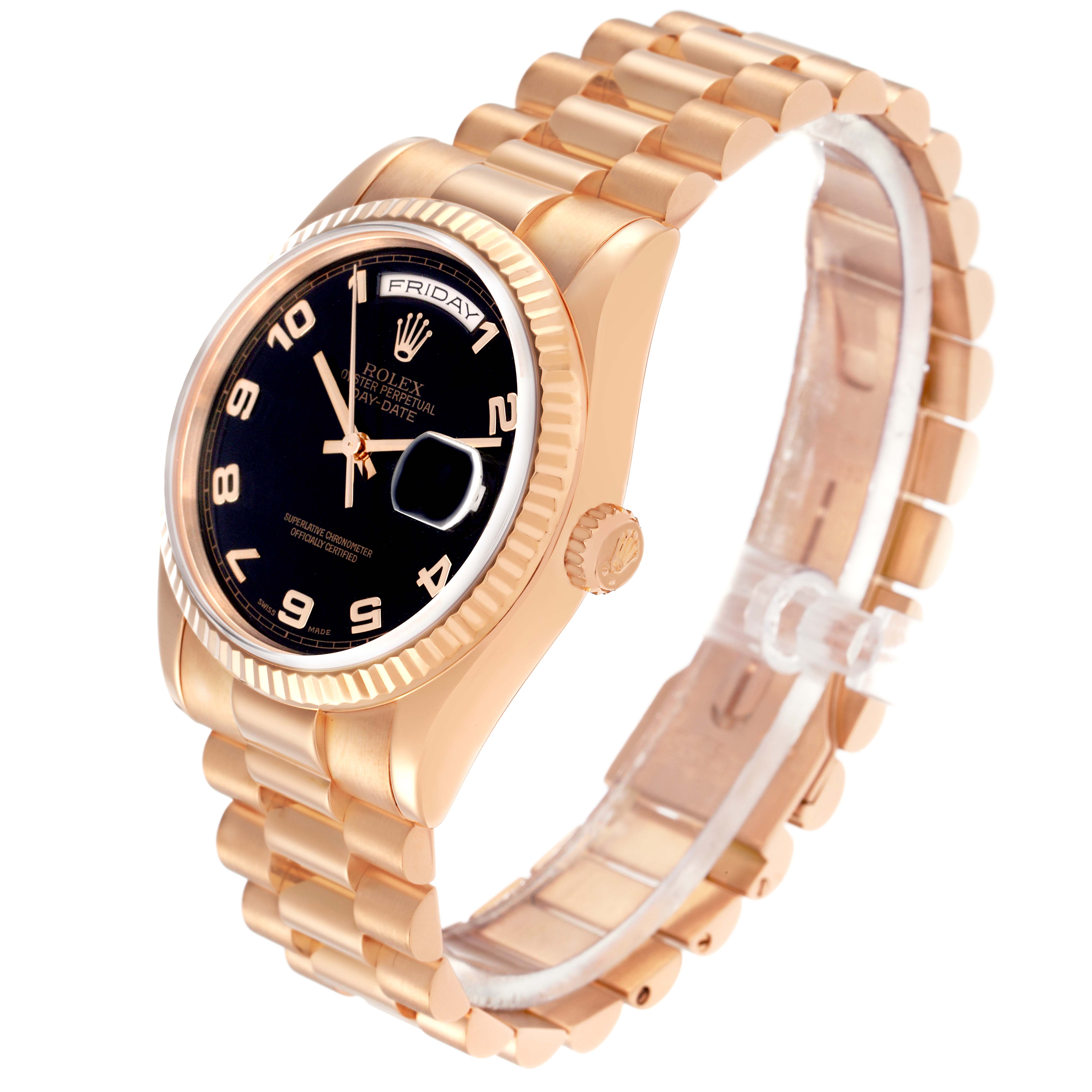 The Rolex President 118235 Men's Rose Gold Black Dial 118235 Men's Rose Gold Black Dial watch is shown from a side-front angle, highlighting the face, bezel, crown, and bracelet.
