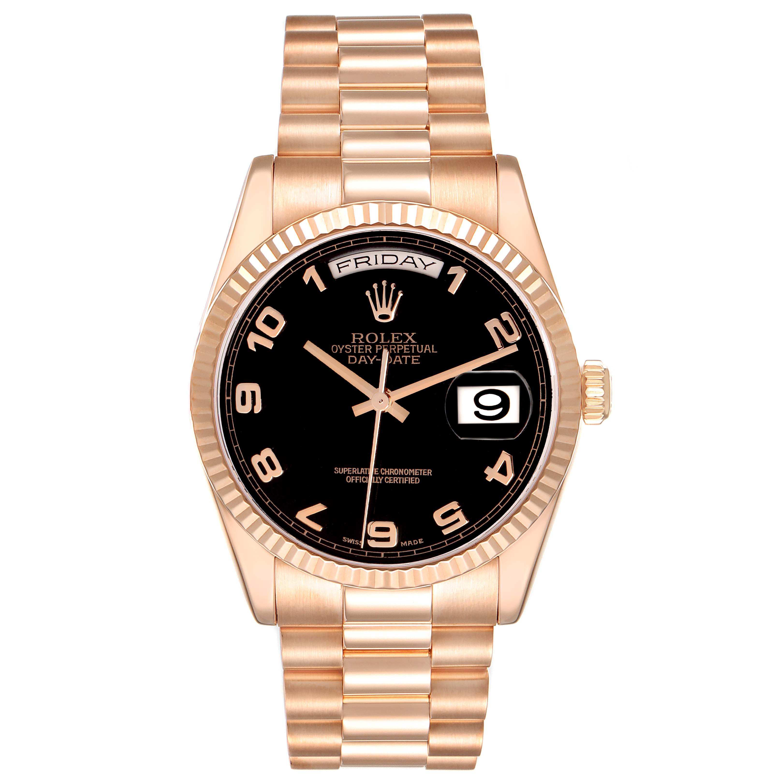The Rolex President 118235 Men's Rose Gold Black Dial 118235 Men's Rose Gold Black Dial watch is shown from a front view, displaying its dial, bezel, and bracelet.