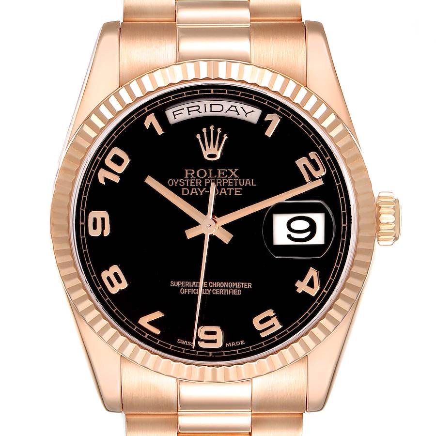 The Rolex President model is shown from the front, highlighting the dial, bezel, day-date display, and part of the bracelet.