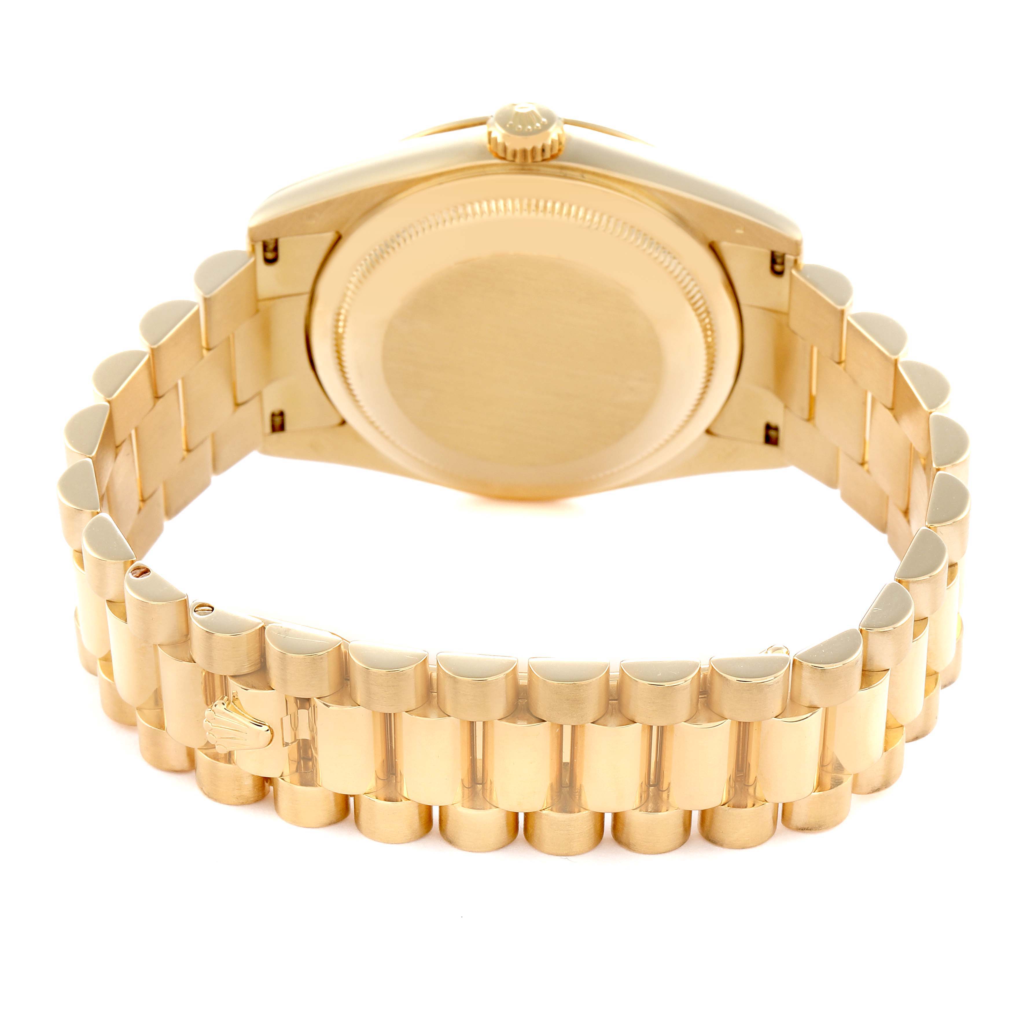 The image shows the back of a Rolex President 118238 Men's Yellow Gold White Dial 118238 Men's Yellow Gold White Dial model watch, highlighting the case, crown, and bracelet.