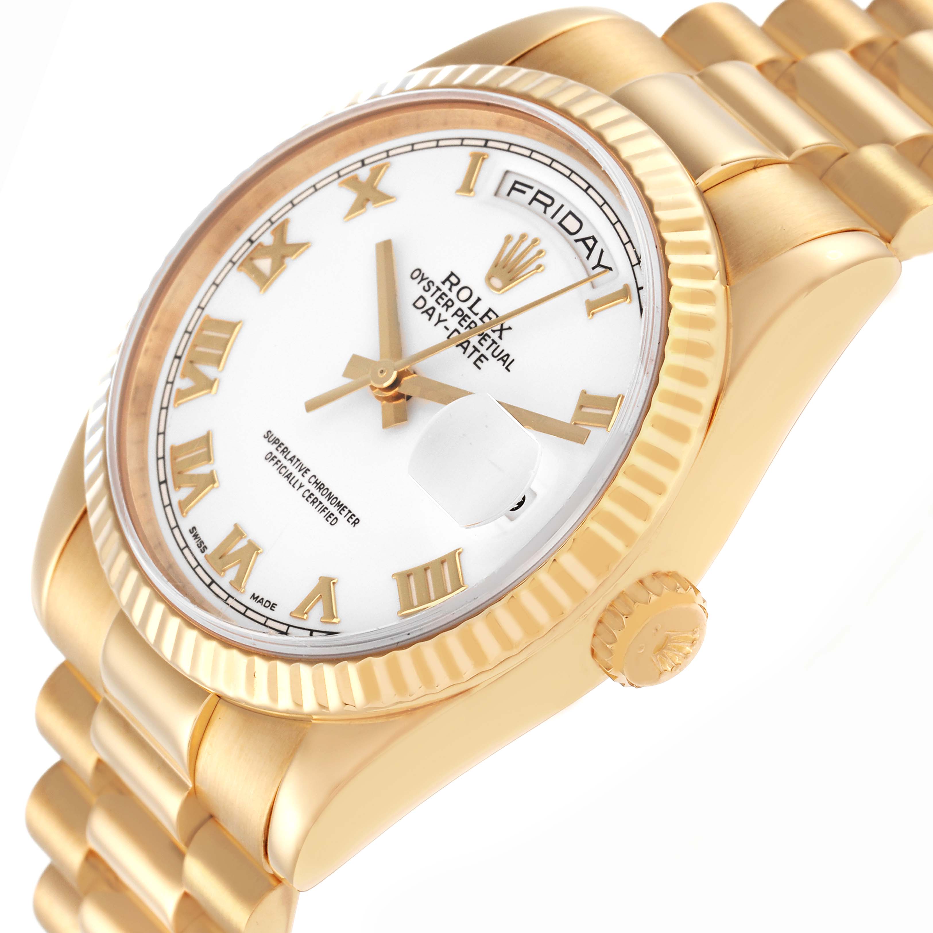 The Rolex President 118238 Men's Yellow Gold White Dial 118238 Men's Yellow Gold White Dial model is shown at an angle displaying the face, bezel, bracelet, and part of the crown.