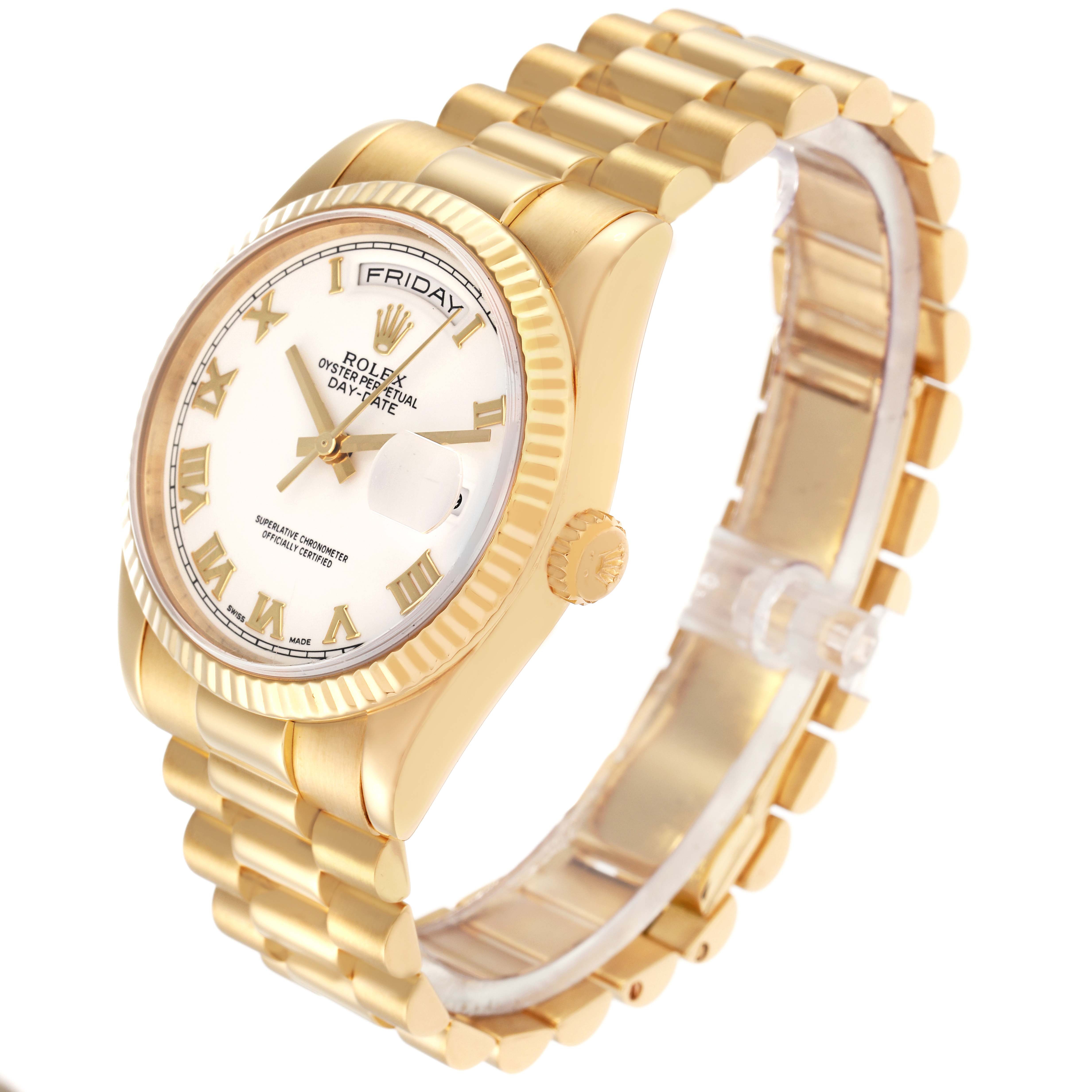 The Rolex President 118238 Men's Yellow Gold White Dial 118238 Men's Yellow Gold White Dial watch is shown at a three-quarter angle, highlighting its gold bracelet, fluted bezel, and dial with date display.