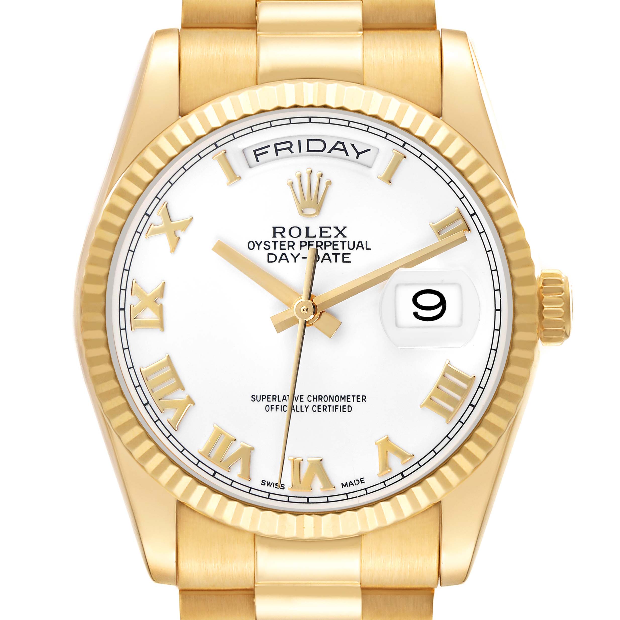 The image shows a frontal view of the Rolex President 118238 Men's Yellow Gold White Dial 118238 Men's Yellow Gold White Dial model, highlighting the dial, day-date feature, and gold bracelet.
