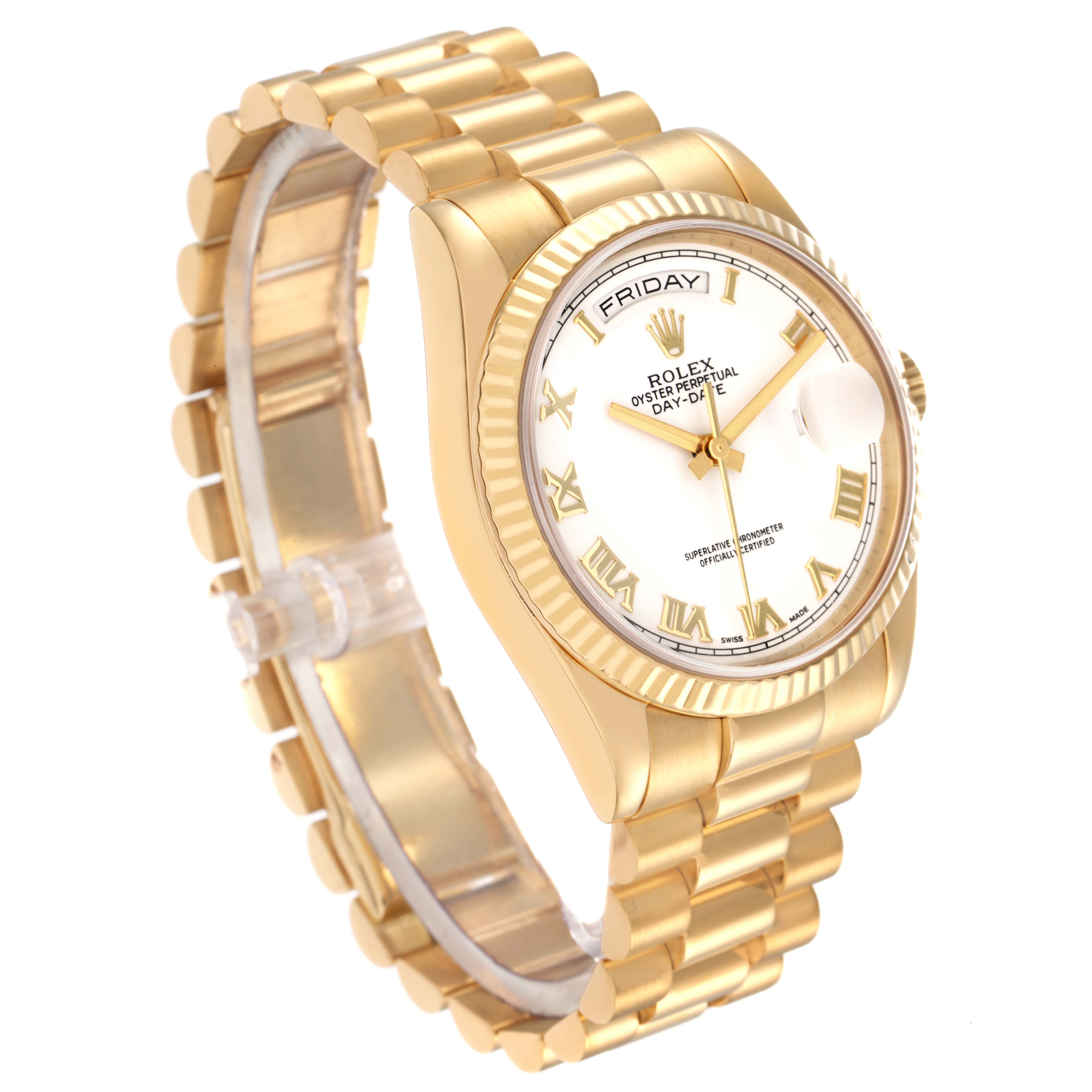 The Rolex President 118238 Men's Yellow Gold White Dial 118238 Men's Yellow Gold White Dial model watch is shown at a front-right angle, highlighting its face, bezel, and bracelet.
