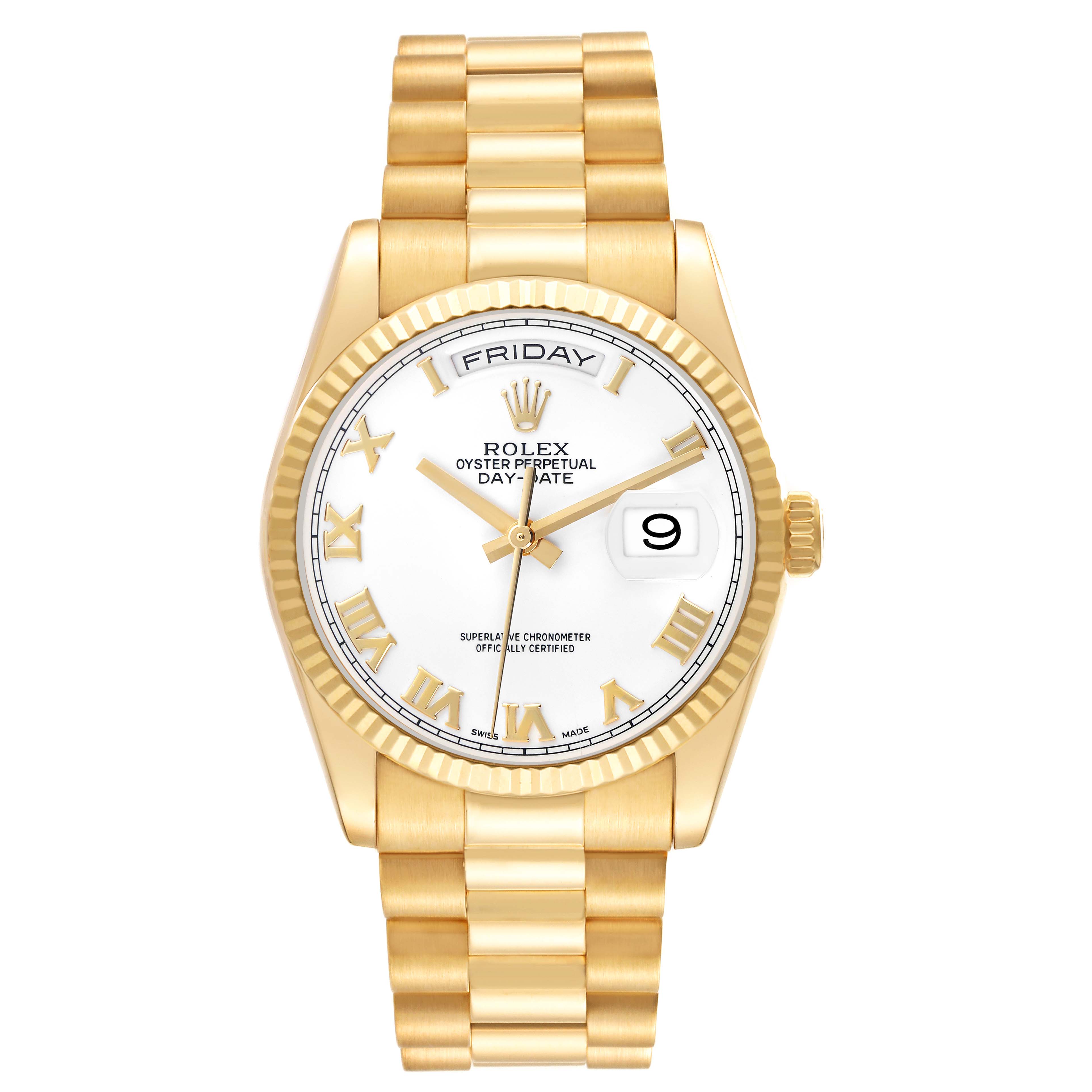 The Rolex President 118238 Men's Yellow Gold White Dial 118238 Men's Yellow Gold White Dial model is shown from a front angle, highlighting the dial, fluted bezel, and bracelet.