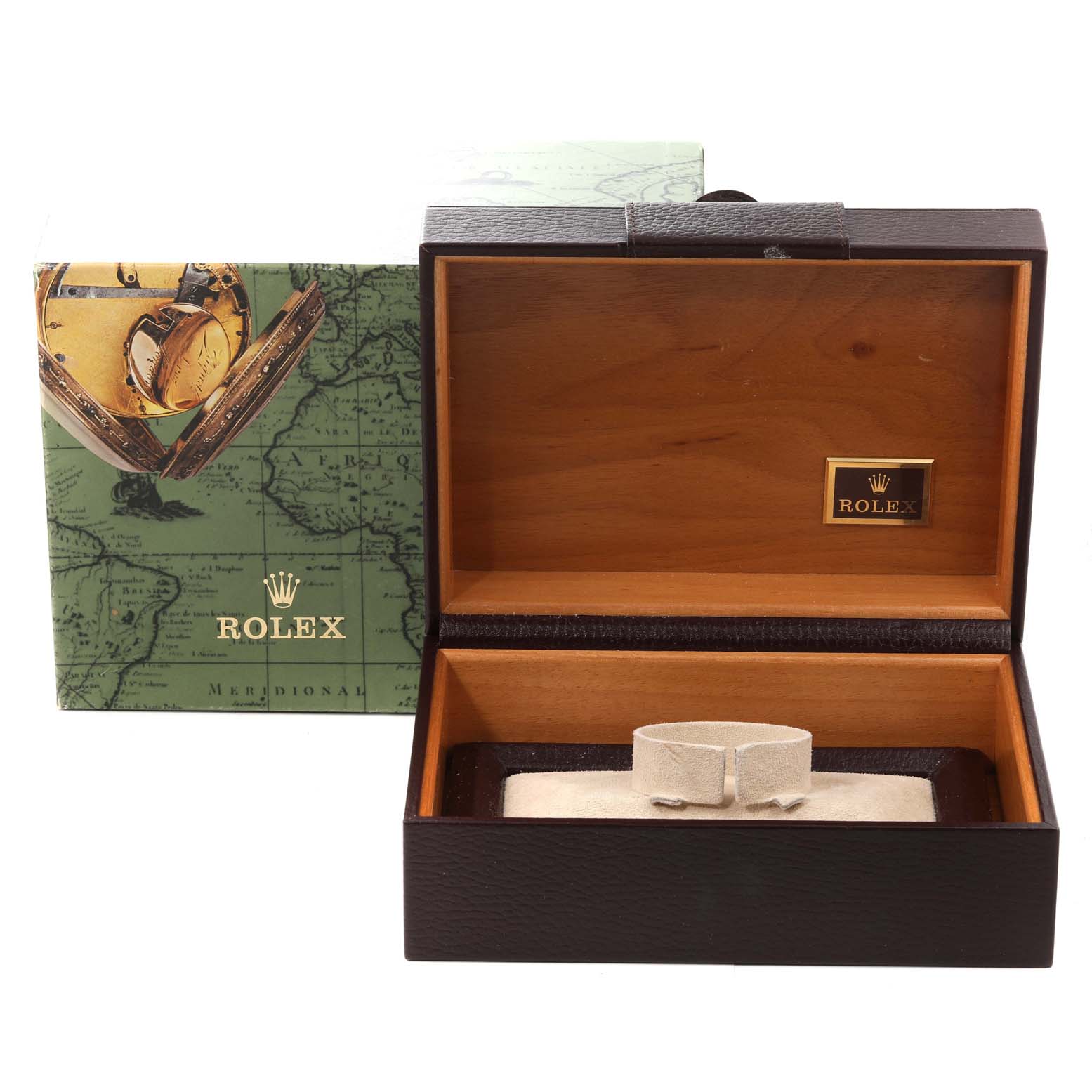 The image shows an open Rolex President 18348 Men
s Yellow Gold Champagne Dial 18348 Men
s Yellow Gold Champagne Dial model watch box with its inner box and outer packaging.