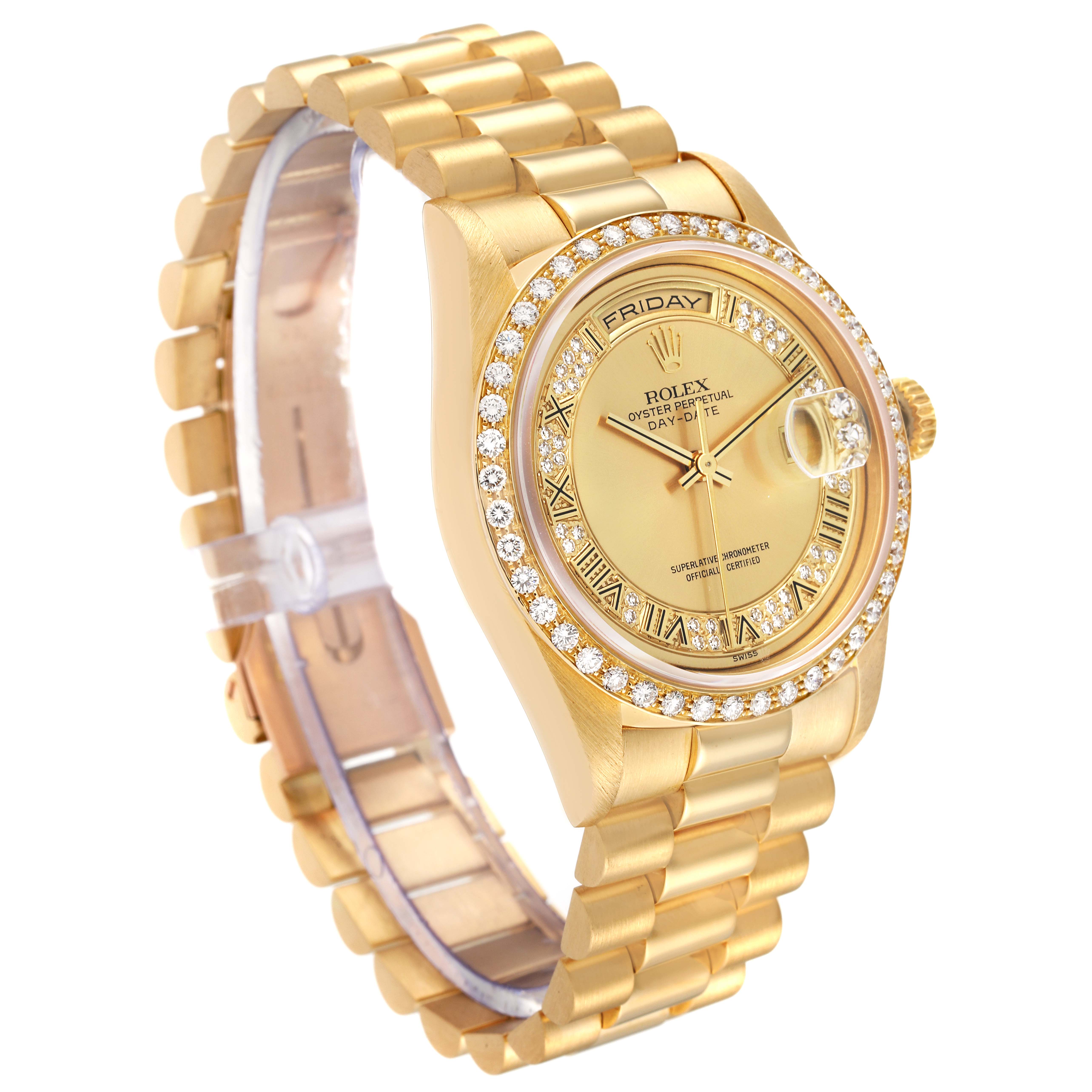 The Rolex President 18348 Men
s Yellow Gold Champagne Dial 18348 Men
s Yellow Gold Champagne Dial model watch is shown at a 3/4 angle, highlighting its gold band, diamond-studded bezel, and face.