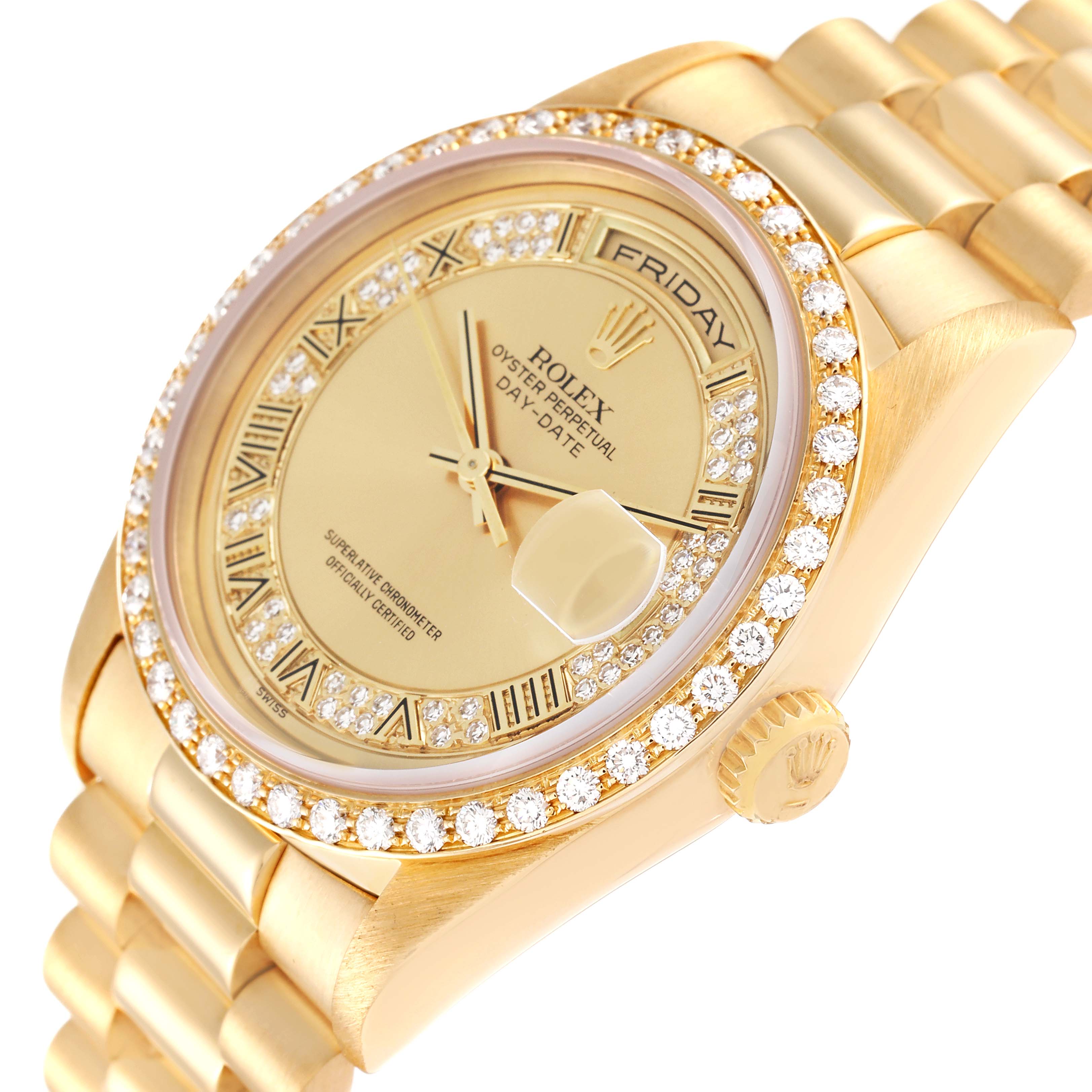 The Rolex President 18348 Men
s Yellow Gold Champagne Dial 18348 Men
s Yellow Gold Champagne Dial watch model is shown at an angled close-up, highlighting the dial, bezel, crown, and part of the bracelet.