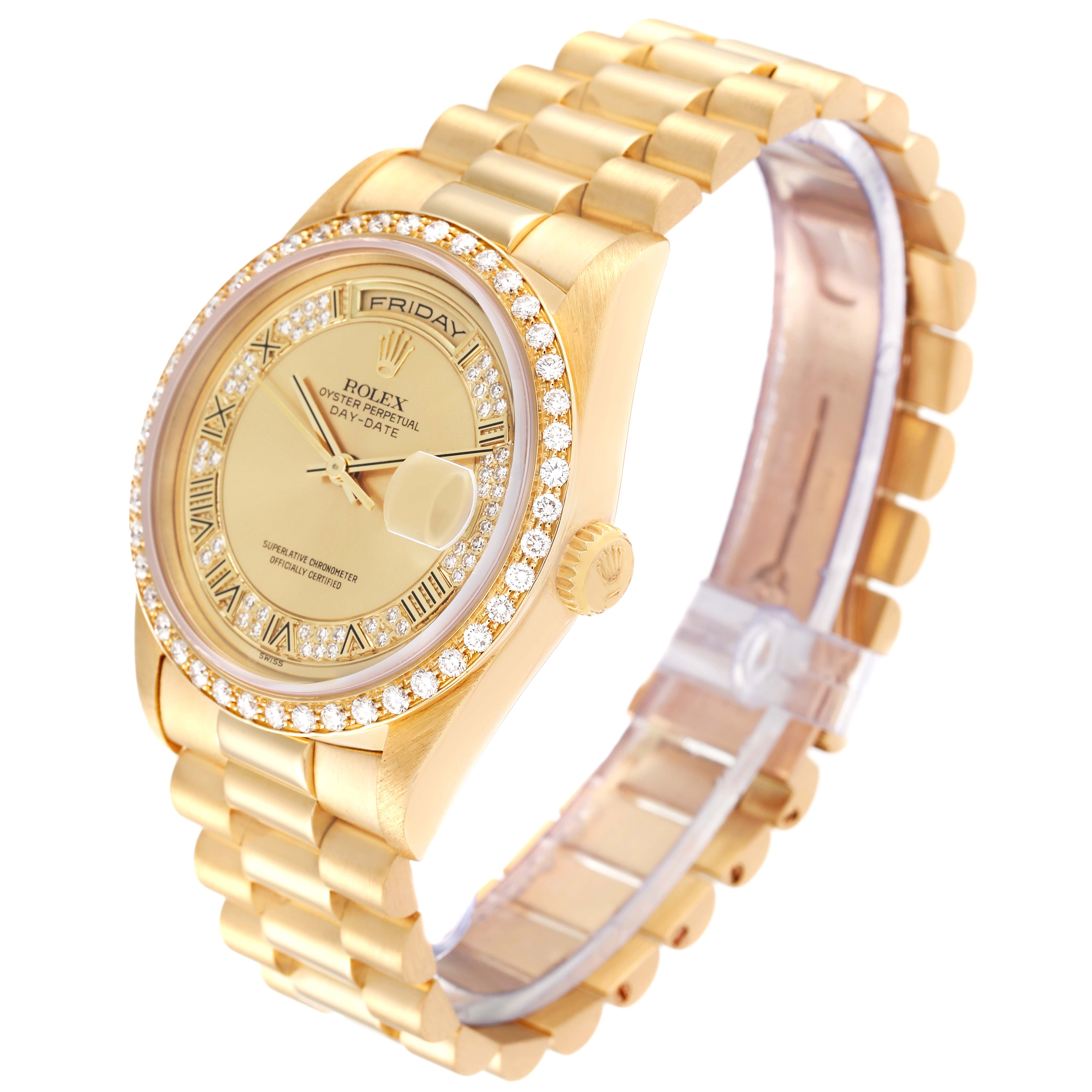 This image shows a Rolex President 18348 Men
s Yellow Gold Champagne Dial 18348 Men
s Yellow Gold Champagne Dial model watch at a three-quarter angle, highlighting the dial, bezel, crown, and bracelet.