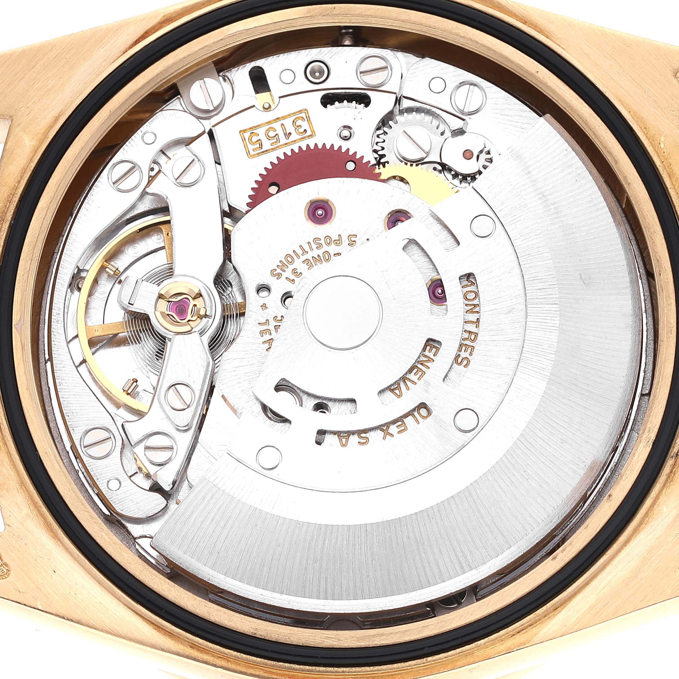 This image shows the internal mechanics of a Rolex President 18348 Men
s Yellow Gold Champagne Dial 18348 Men
s Yellow Gold Champagne Dial model watch from a top-down angle.