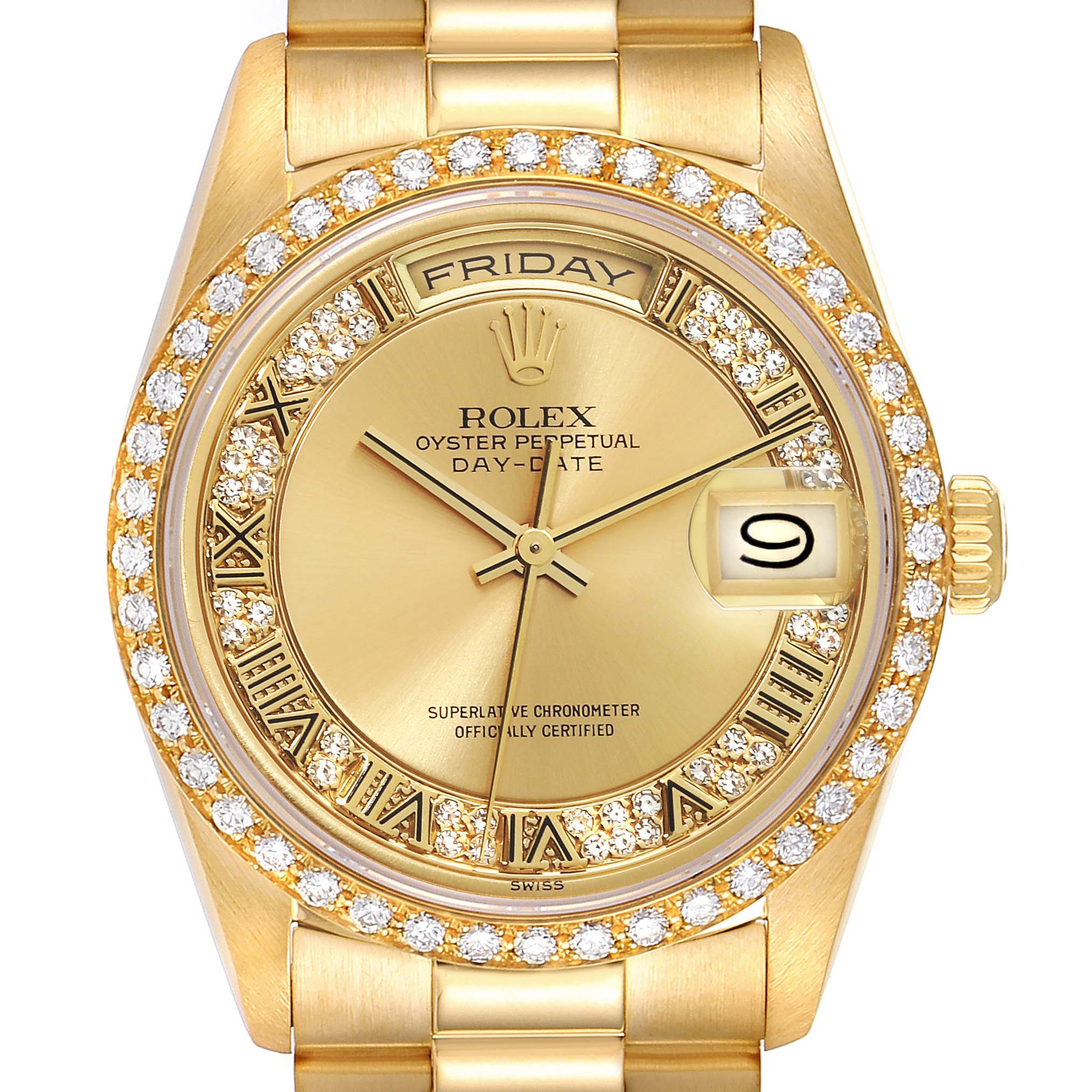 This image shows a Rolex President 18348 Men
s Yellow Gold Champagne Dial 18348 Men
s Yellow Gold Champagne Dial Day-Date watch with a gold dial, diamond bezel, and Roman numeral markers, viewed from the front.