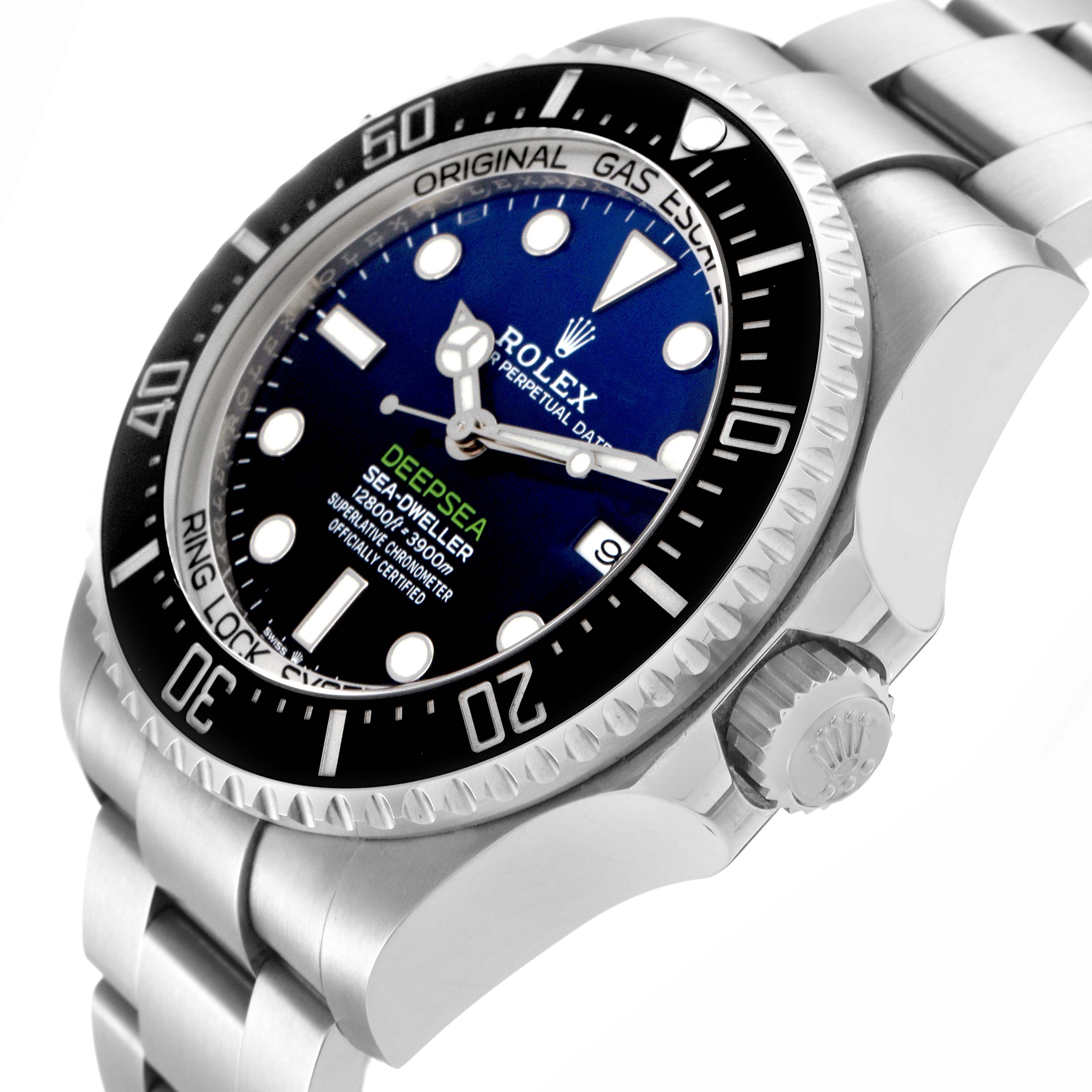 This Rolex Sea-Dweller 126660 Men's Stainless Steel Blue Dial 126660 Men's Stainless Steel Blue Dial watch is shown at an angle highlighting the dial, bezel, crown, and part of the bracelet.