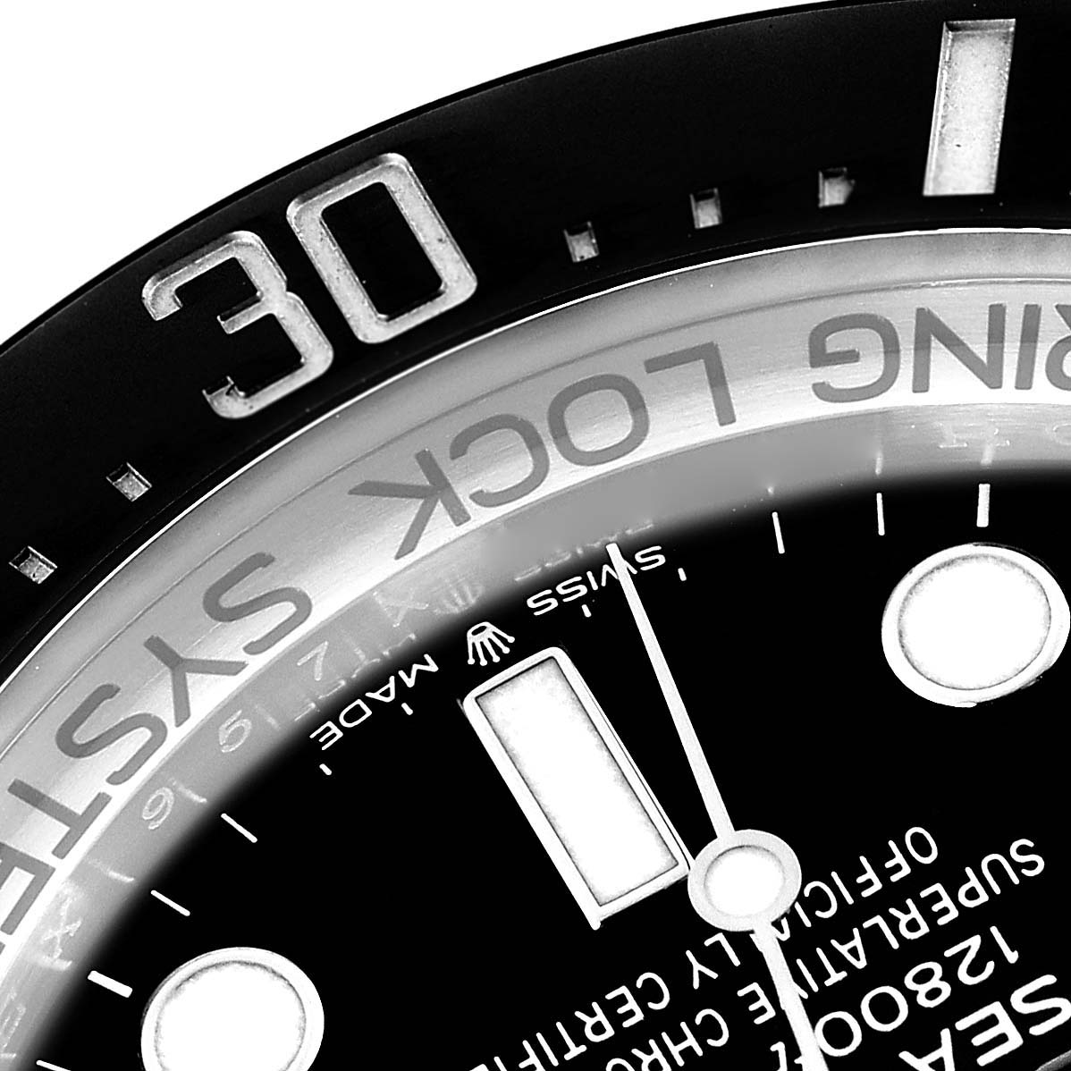 The image shows a close-up of the dial and bezel of the Rolex Sea-Dweller 126660 Men's Stainless Steel Blue Dial 126660 Men's Stainless Steel Blue Dial, highlighting the "RING LOCK SYSTEM" and part of the minute markers.