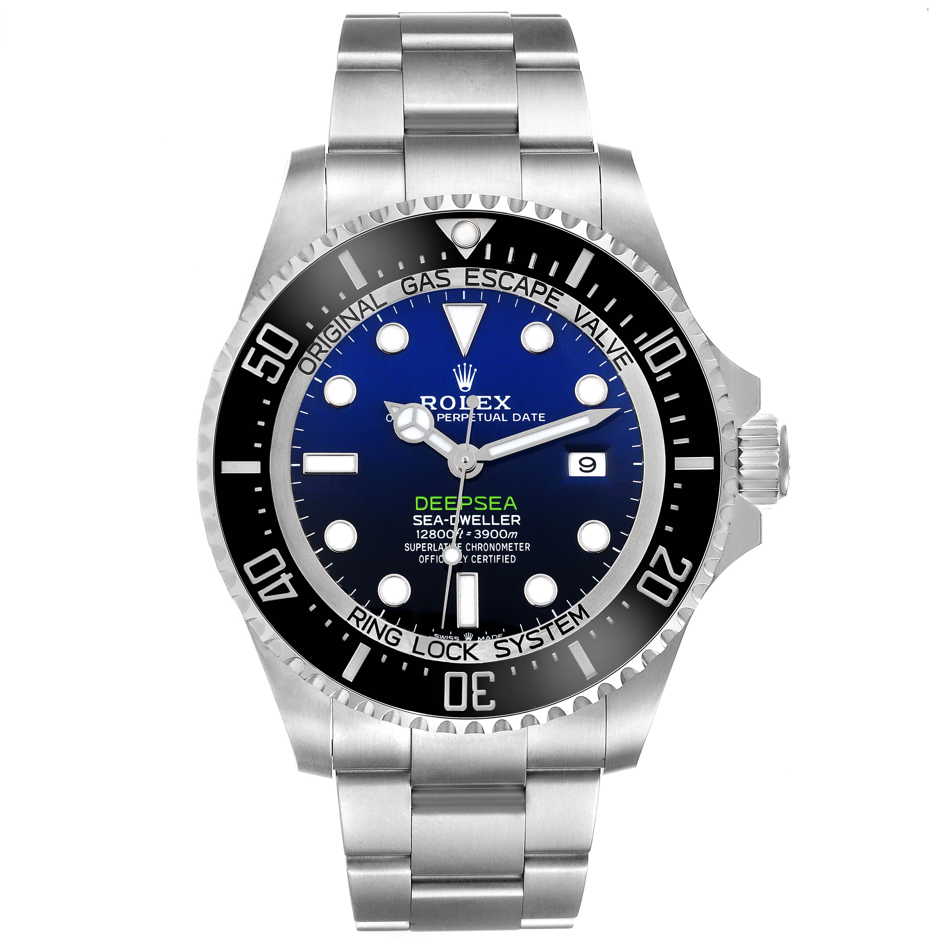 The Rolex Sea-Dweller 126660 Men's Stainless Steel Blue Dial 126660 Men's Stainless Steel Blue Dial is shown from the front, displaying the face, bezel, and part of the bracelet.