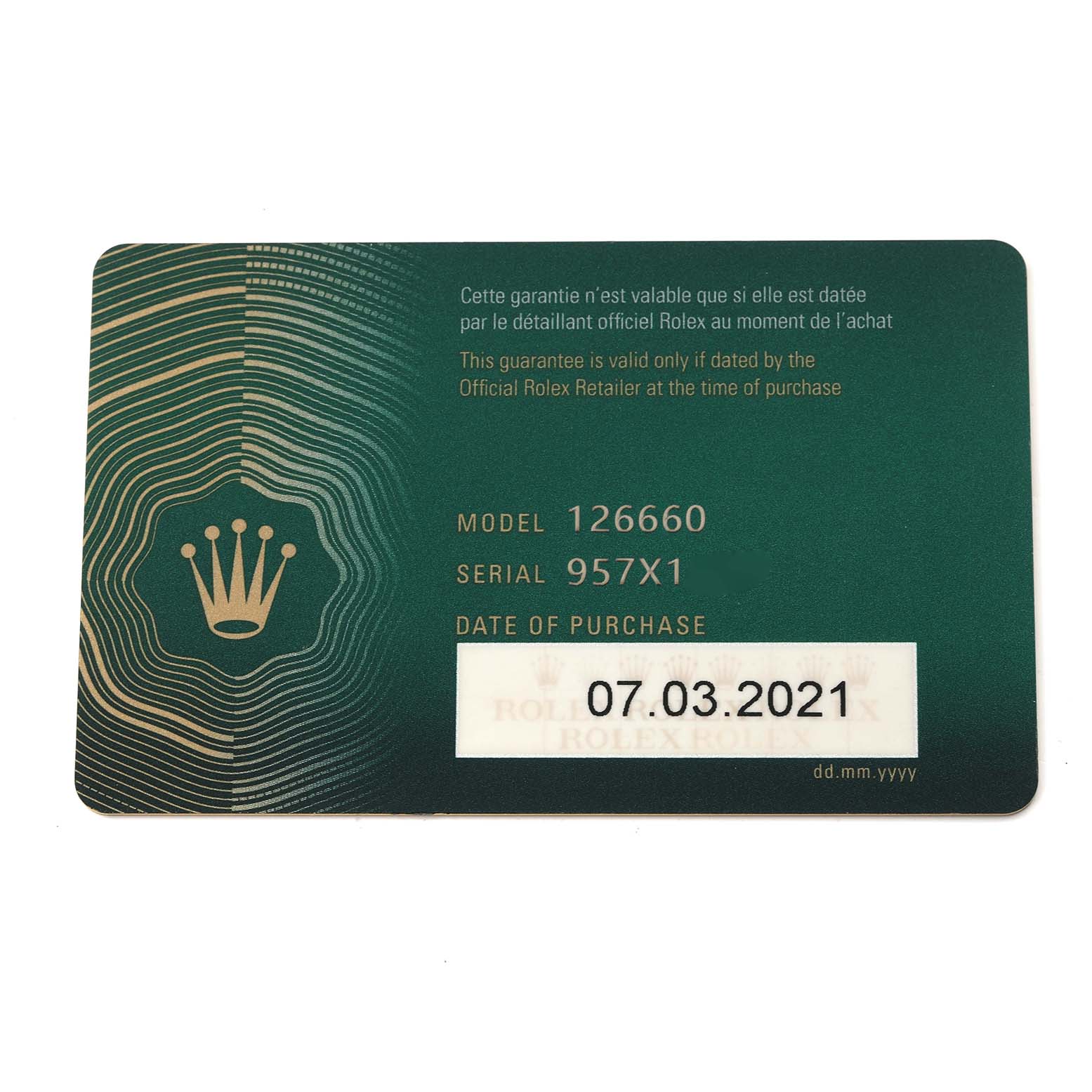 This image shows a warranty card for the Rolex Sea-Dweller 126660 Men's Stainless Steel Blue Dial 126660 Men's Stainless Steel Blue Dial model 126660, displaying the serial number and purchase date.