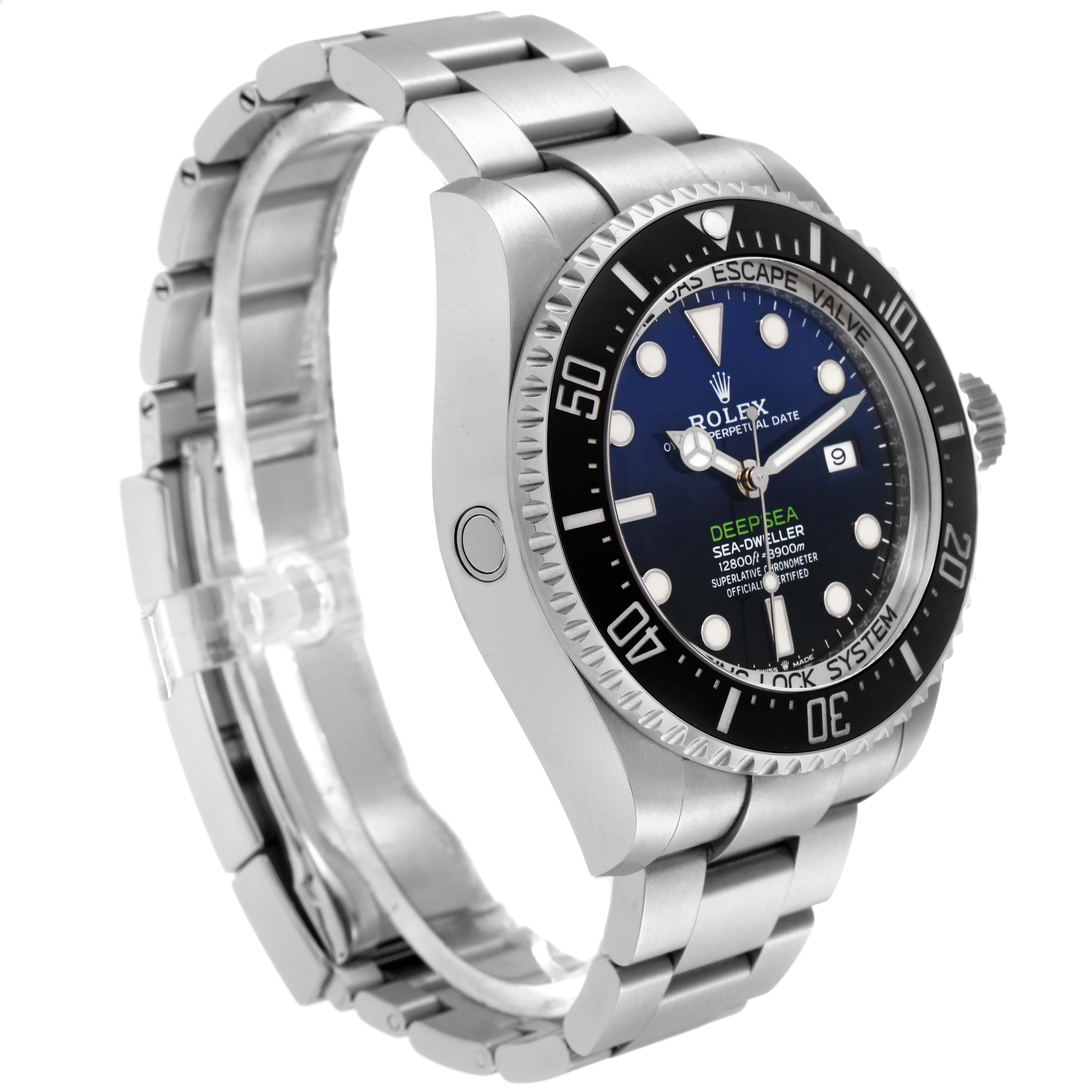 The image shows the Rolex Sea-Dweller 126660 Men's Stainless Steel Blue Dial 126660 Men's Stainless Steel Blue Dial watch at a three-quarter angle, highlighting the face, bezel, and bracelet.