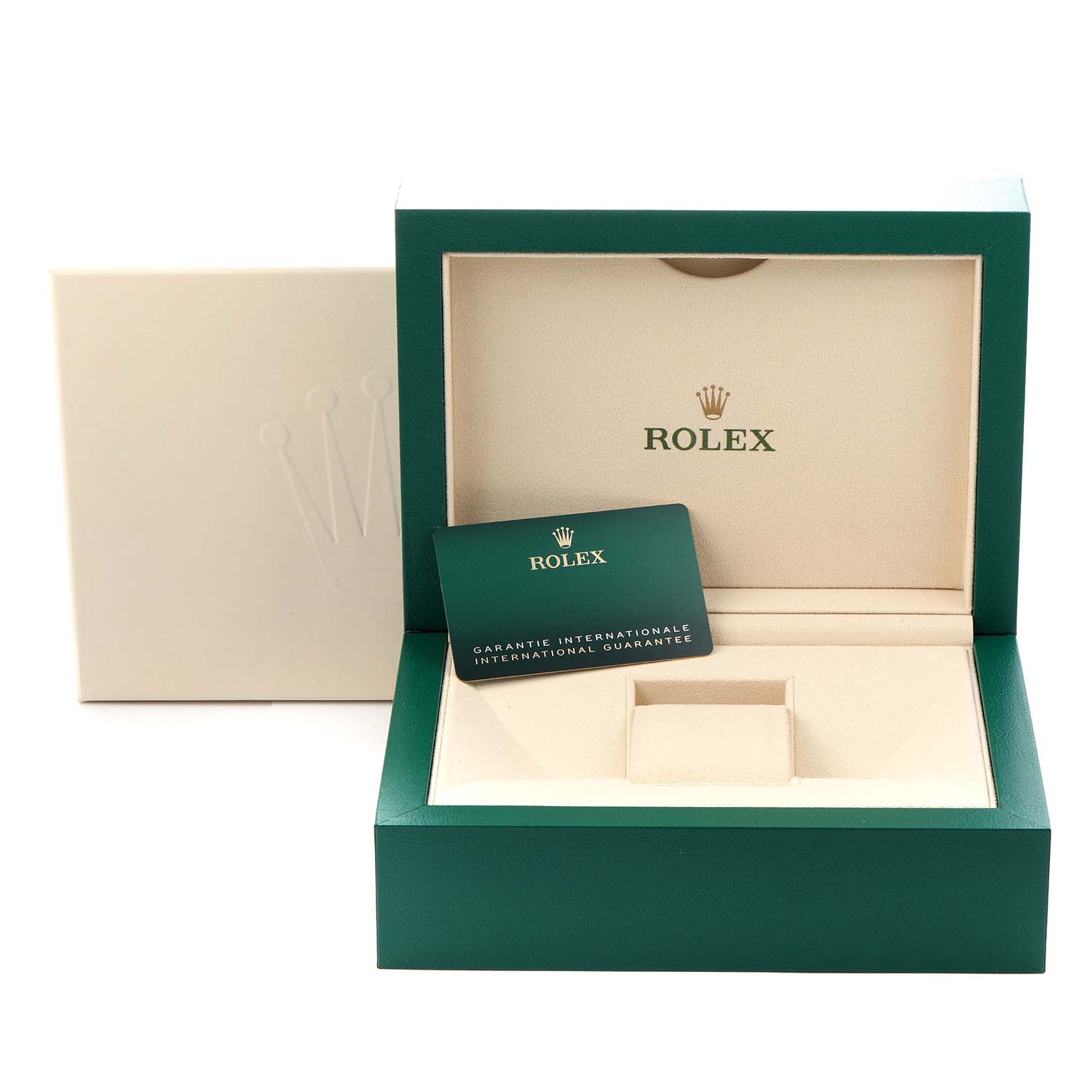 The image shows a Rolex Sea-Dweller 126660 Men's Stainless Steel Blue Dial 126660 Men's Stainless Steel Blue Dial watch box with an international guarantee card, opened to display the interior compartments.