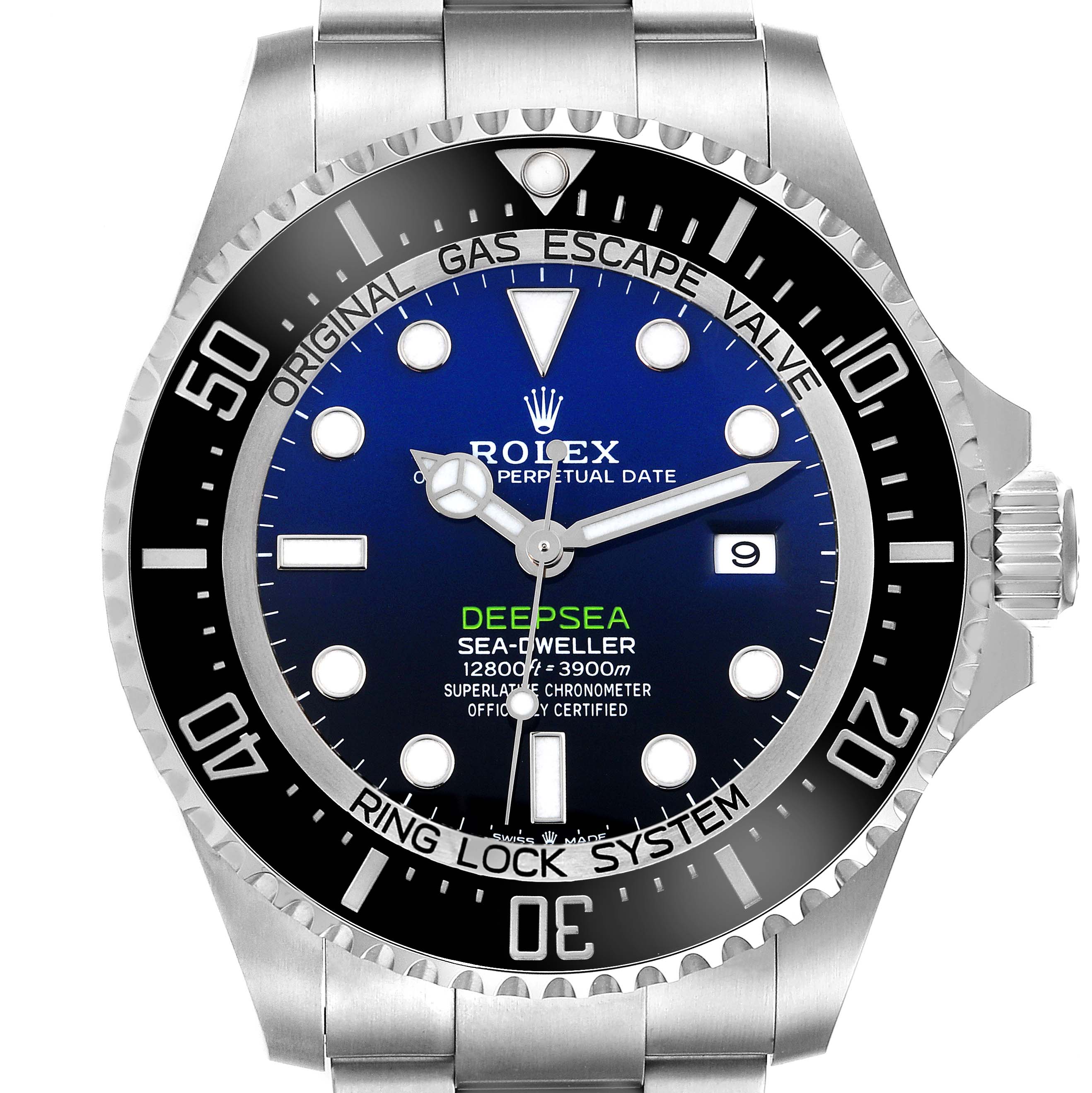 The Rolex Sea-Dweller 126660 Men's Stainless Steel Blue Dial 126660 Men's Stainless Steel Blue Dial watch is shown from the front, displaying its face, bezel, and part of the bracelet.