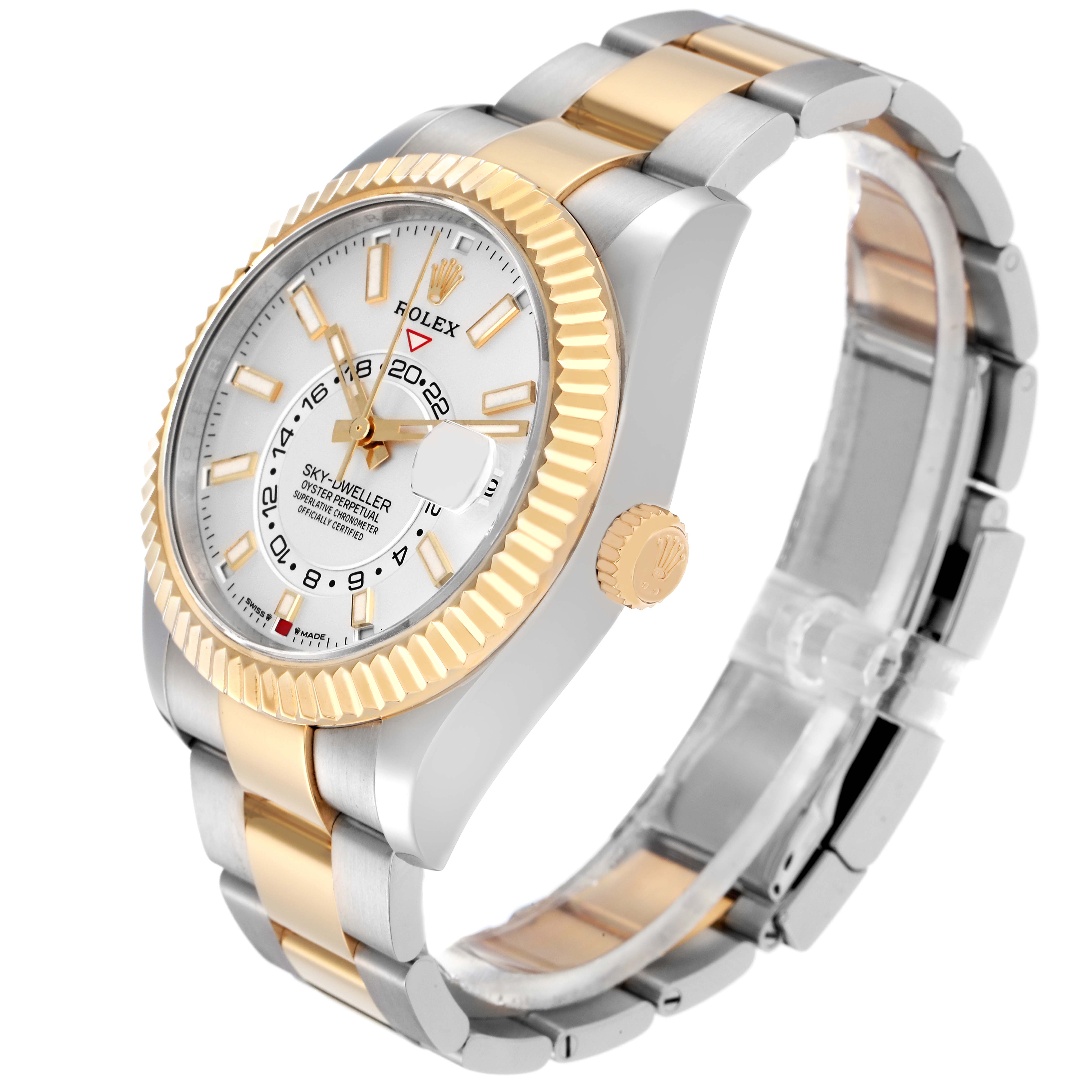 The Rolex Sky-Dweller 336933 Men's Steel and Gold (two tone) Silver Dial 336933 Men's Steel and Gold (two tone) Silver Dial watch is shown at a three-quarter angle, highlighting the dial, bezel, crown, and bracelet.