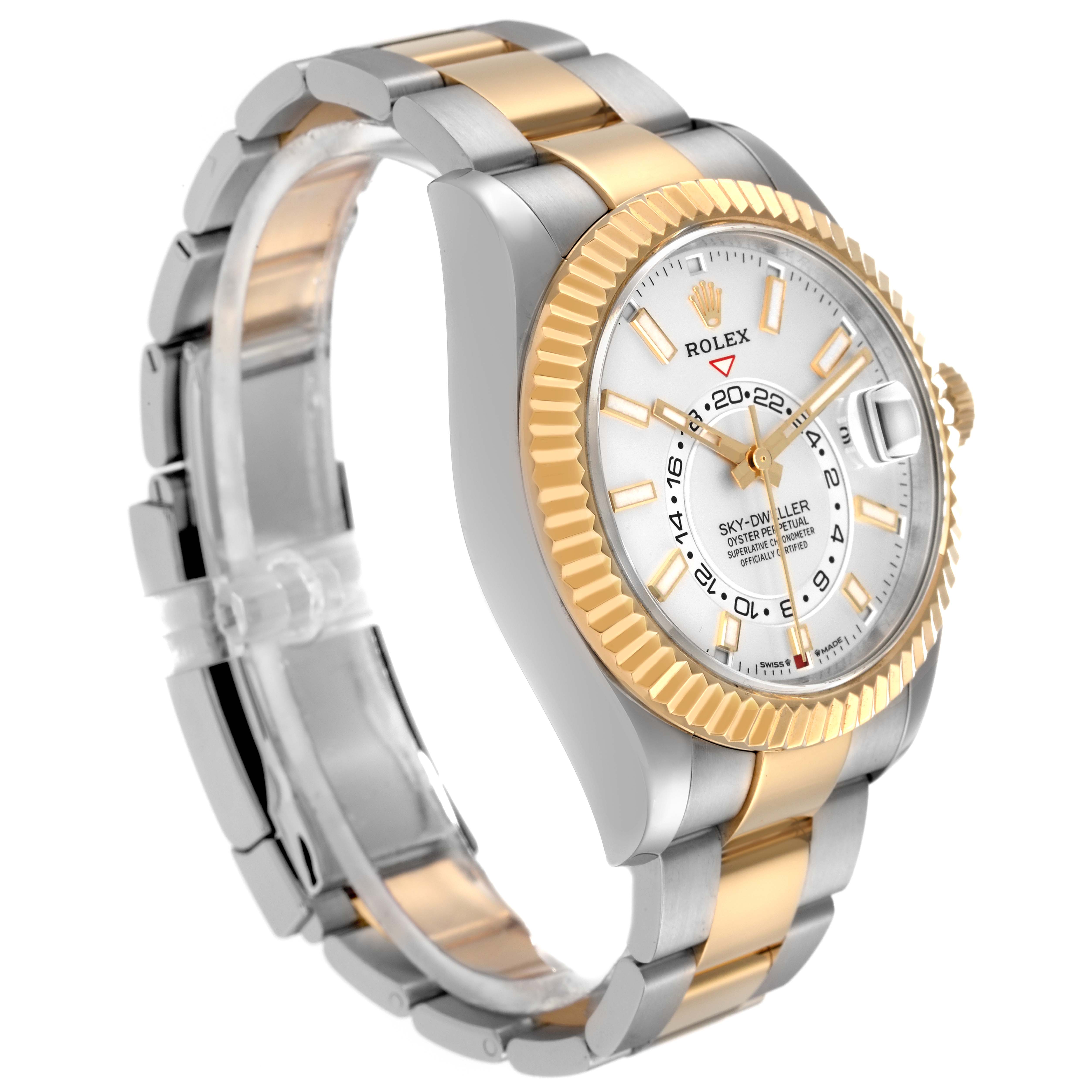 The Rolex Sky-Dweller 336933 Men's Steel and Gold (two tone) Silver Dial 336933 Men's Steel and Gold (two tone) Silver Dial watch is shown at a three-quarter angle, displaying its face, bezel, and part of the bracelet.
