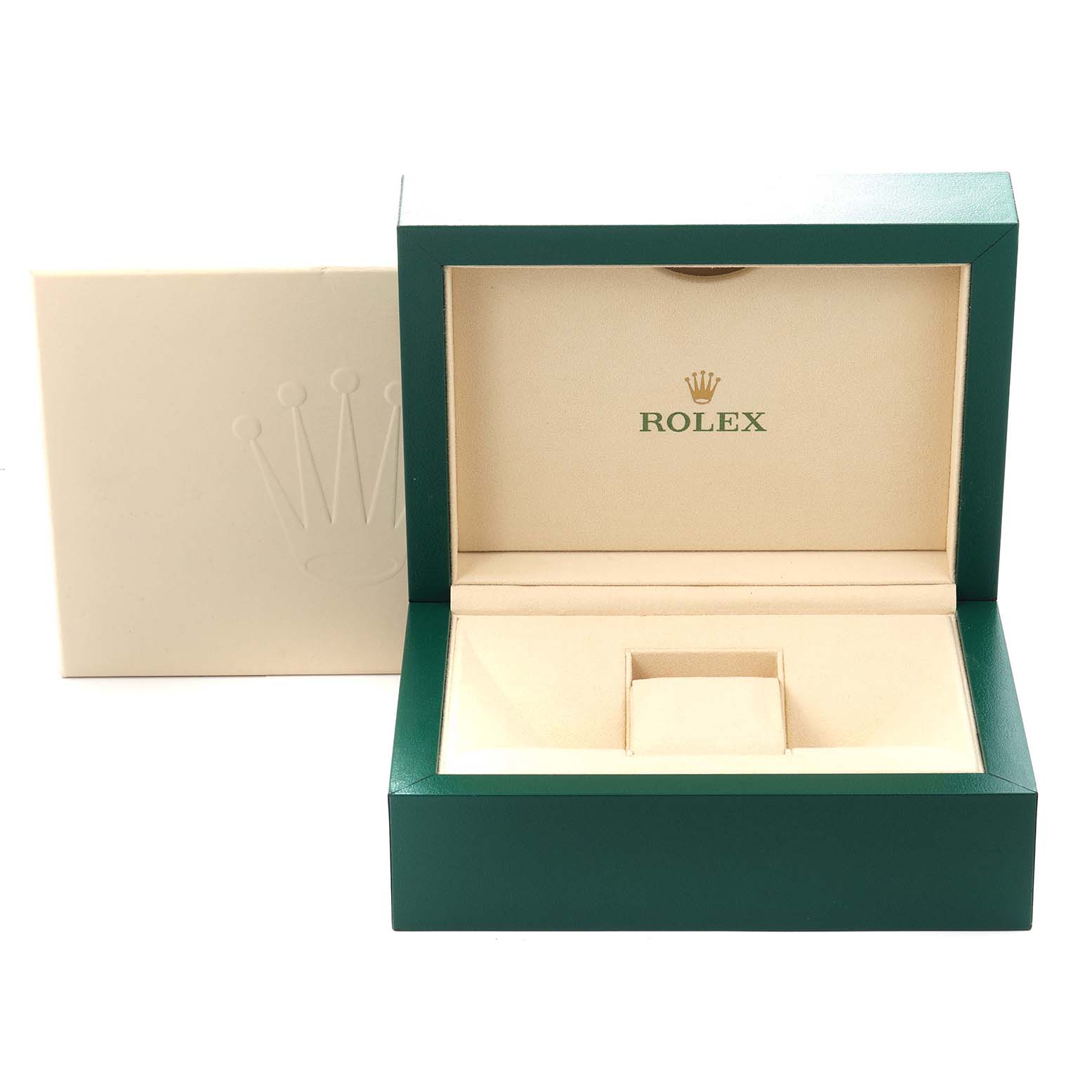 The image shows an open Rolex Sky-Dweller 336933 Men's Steel and Gold (two tone) Silver Dial 336933 Men's Steel and Gold (two tone) Silver Dial watch box from a front angle, revealing its interior.