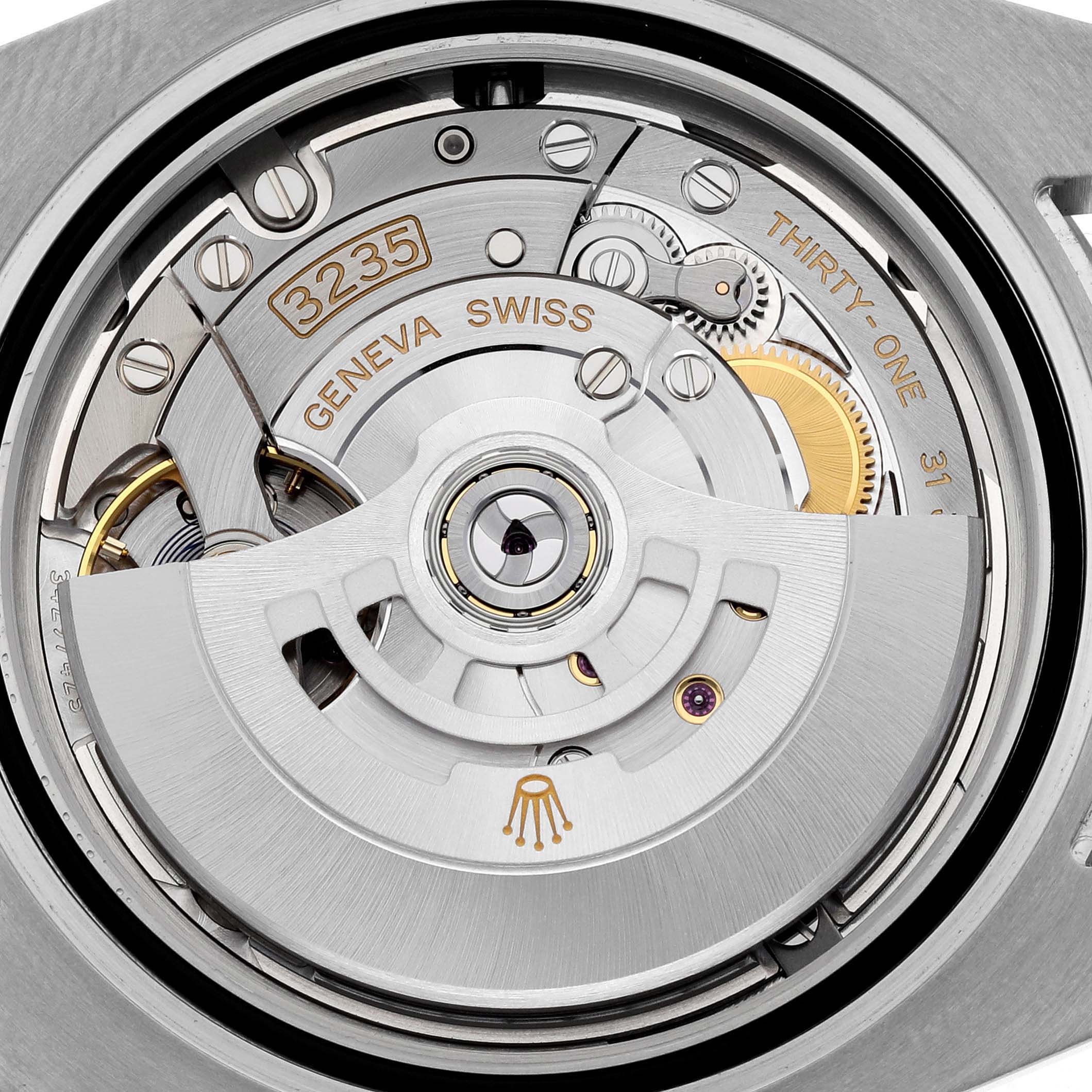 The image shows the back of a Rolex Submariner 126610 Men
s Stainless Steel Black Dial 126610 Men
s Stainless Steel Black Dial watch, focusing on the intricate mechanical movement and components.