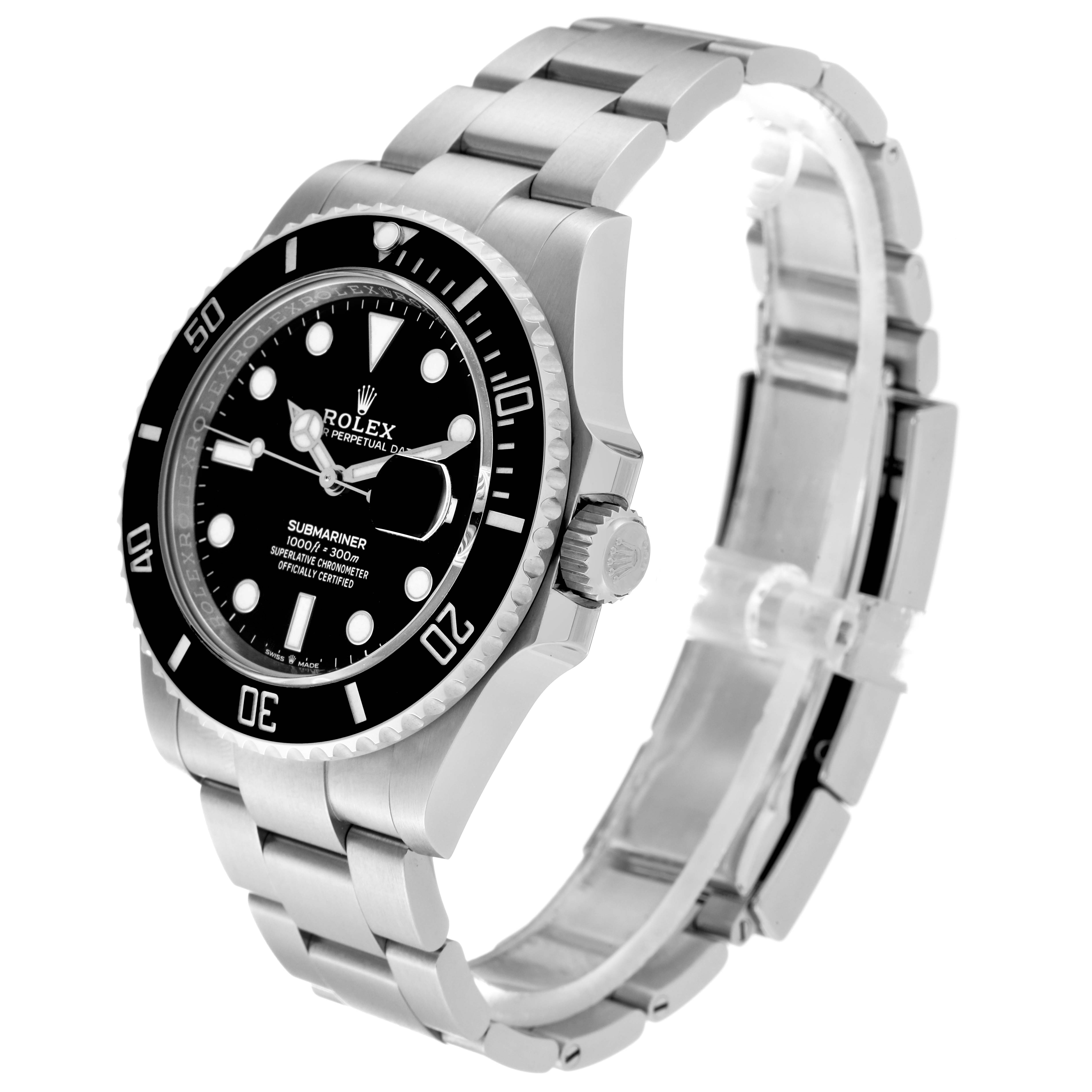 The image shows an angled side view of a Rolex Submariner 126610 Men
s Stainless Steel Black Dial 126610 Men
s Stainless Steel Black Dial watch, displaying the dial, bezel, crown, and part of the bracelet.
