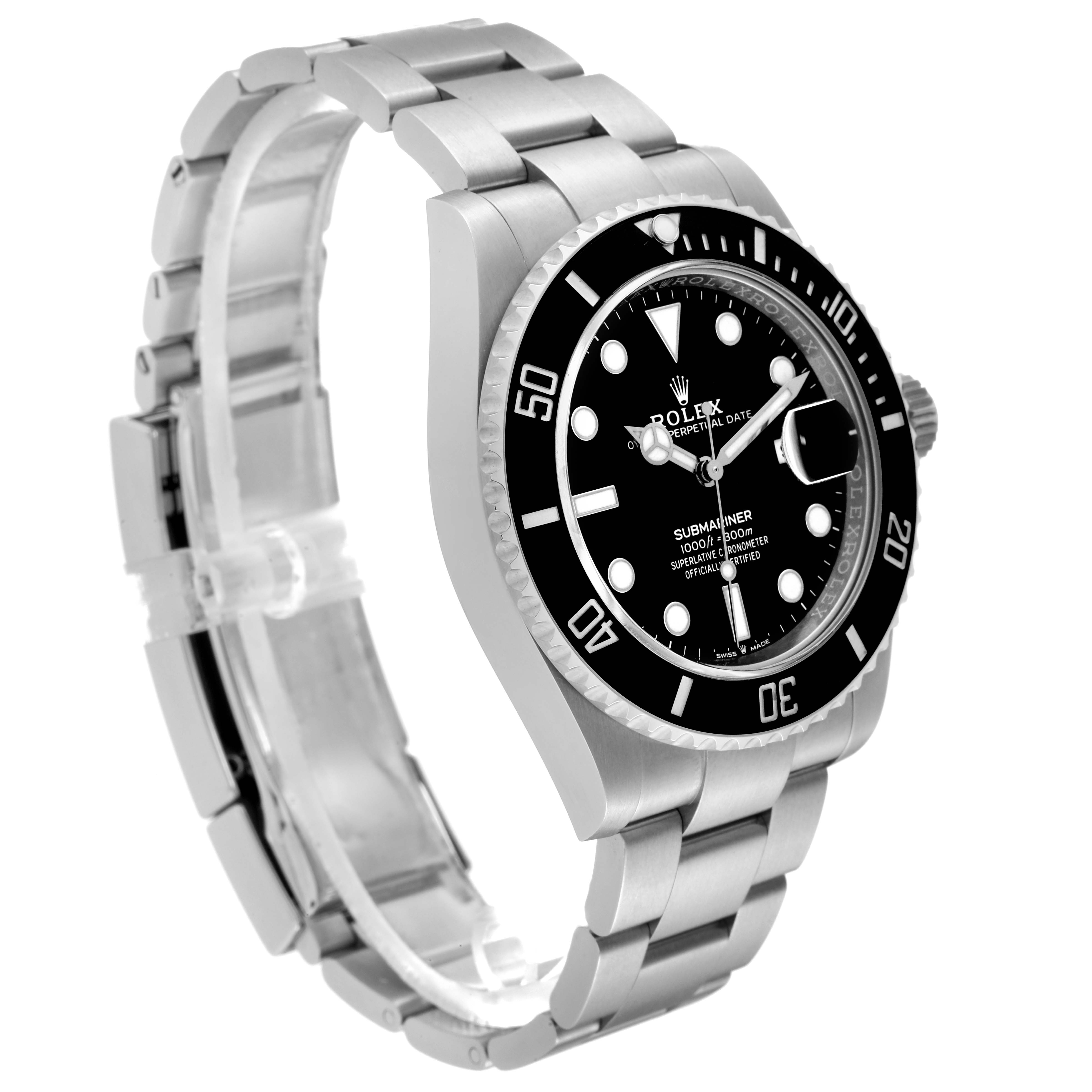 The image shows a side angle of a Rolex Submariner 126610 Men
s Stainless Steel Black Dial 126610 Men
s Stainless Steel Black Dial watch, highlighting the bezel, dial, and band.