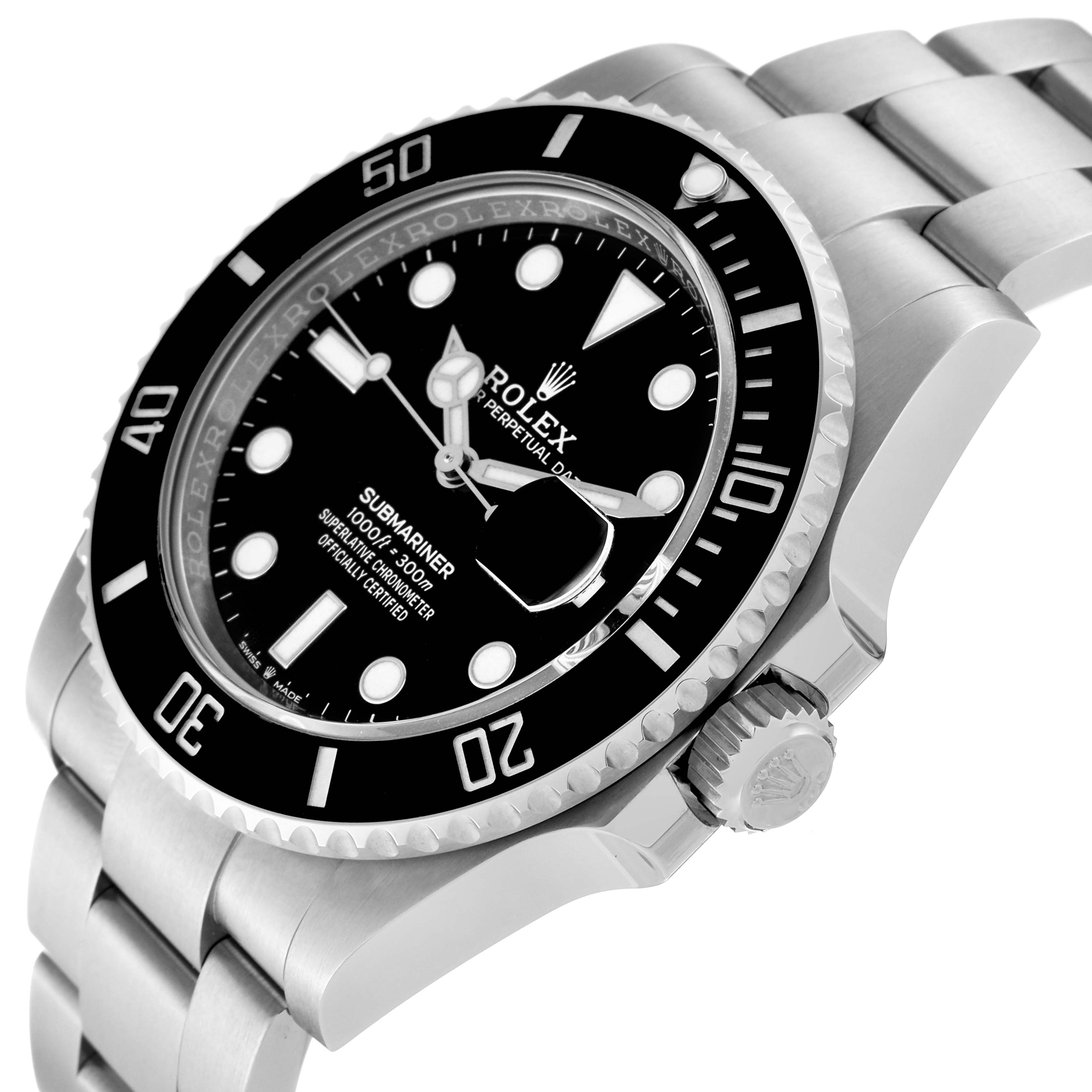 The image shows a side angle of a Rolex Submariner 126610 Men
s Stainless Steel Black Dial 126610 Men
s Stainless Steel Black Dial watch focusing on the bezel, crown, and bracelet.