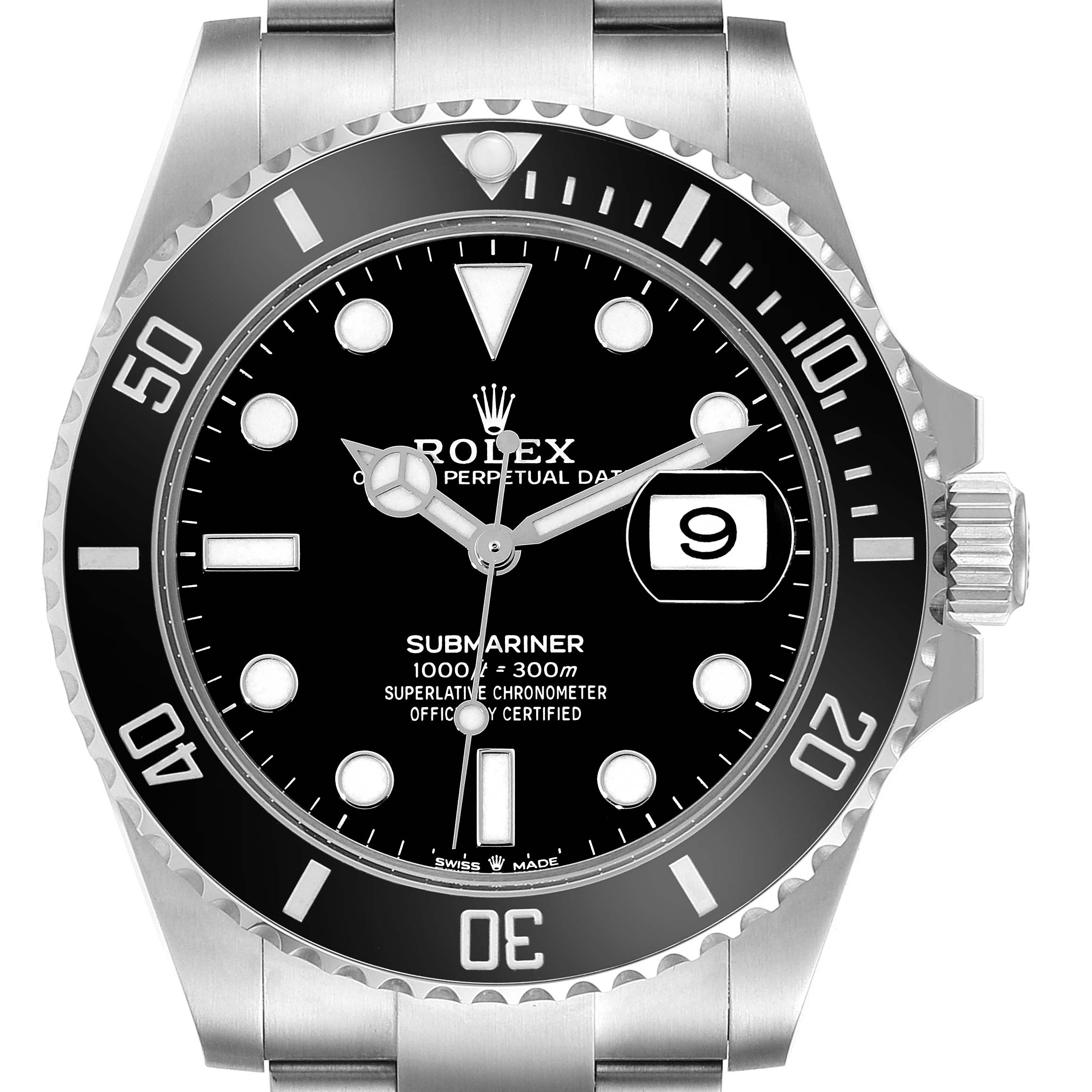 This Rolex Submariner 126610 Men
s Stainless Steel Black Dial 126610 Men
s Stainless Steel Black Dial watch is shown from a front angle, displaying its dial, bezel, case, and part of its bracelet.
