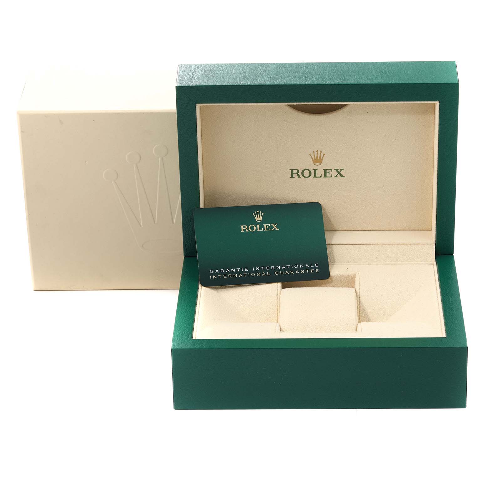 This image shows the box and warranty card for a Rolex Submariner 126610 Men
s Stainless Steel Black Dial 126610 Men
s Stainless Steel Black Dial, viewed from the front.