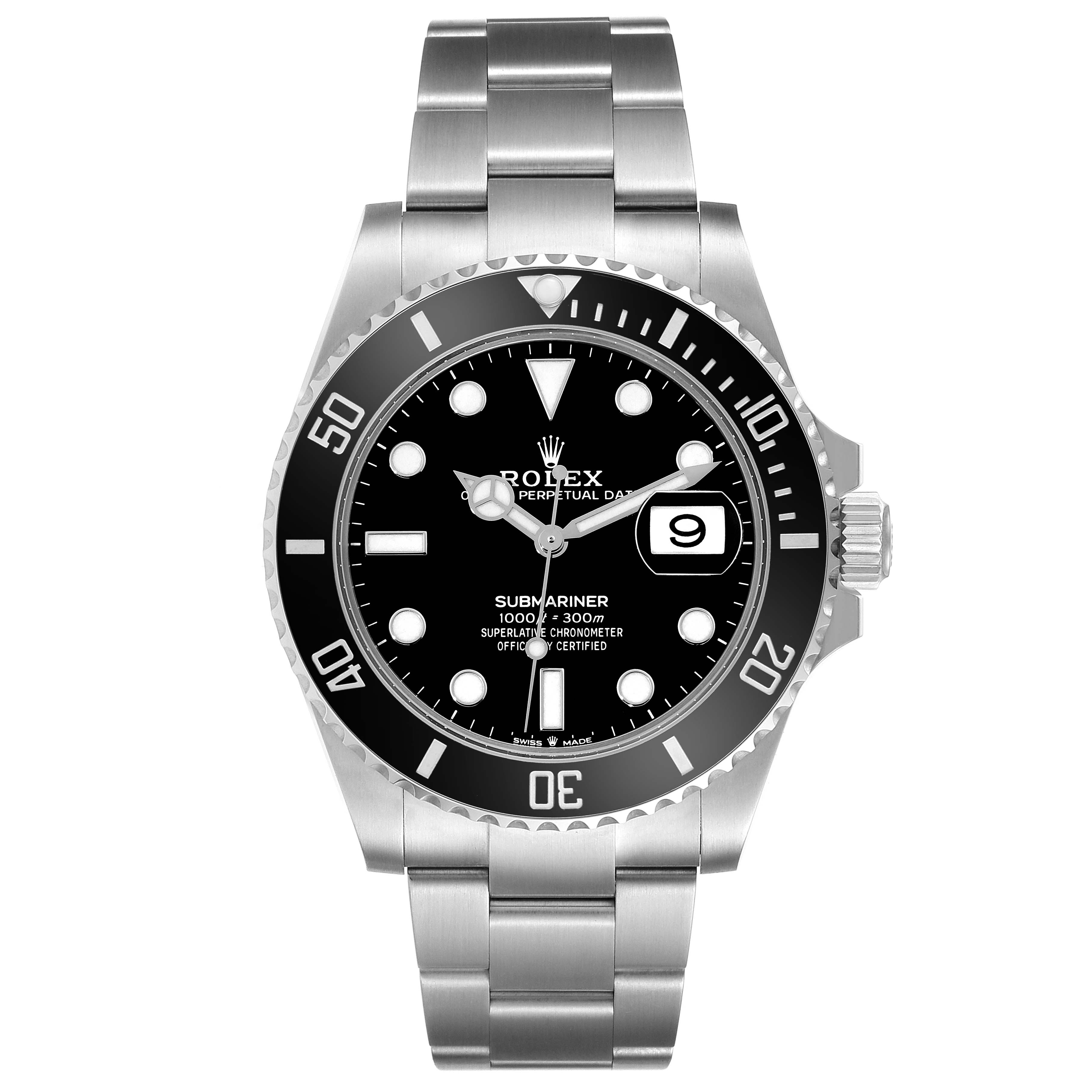 This image shows a front view of a Rolex Submariner 126610 Men
s Stainless Steel Black Dial 126610 Men
s Stainless Steel Black Dial watch, highlighting the dial, bezel, and bracelet.