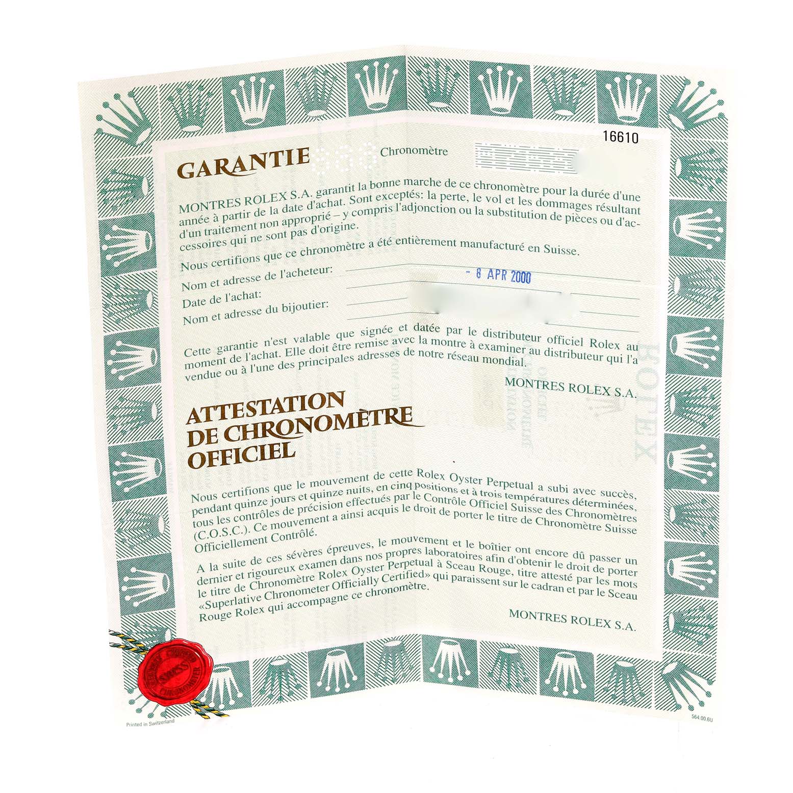 This is an image of the official warranty and chronometer certificate for a Rolex Submariner 16610 Men
s Stainless Steel Black Dial 16610 Men
s Stainless Steel Black Dial model.