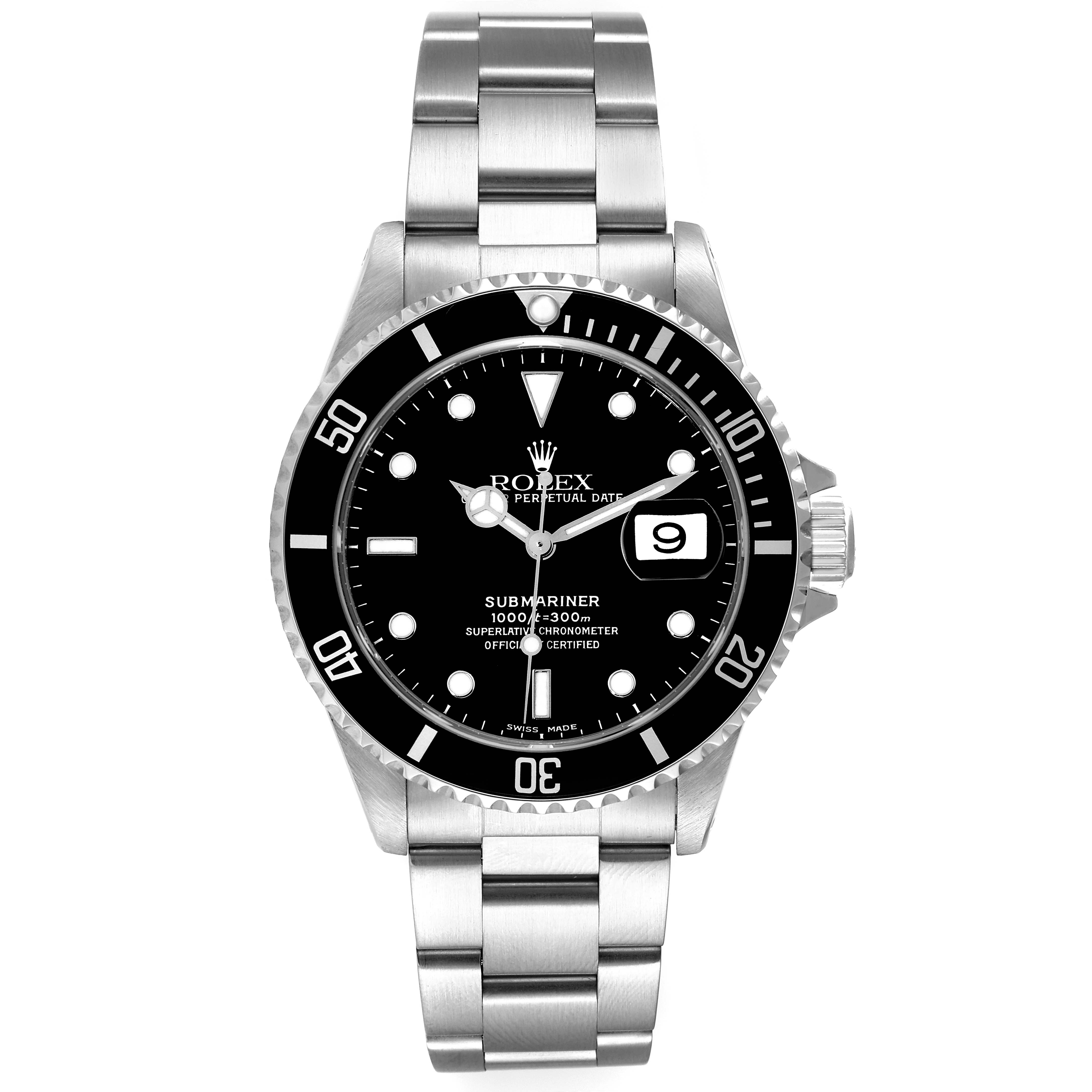 The image shows a front view of the Rolex Submariner 16610 Men
s Stainless Steel Black Dial 16610 Men
s Stainless Steel Black Dial watch, displaying its dial, bezel, crown, and bracelet.