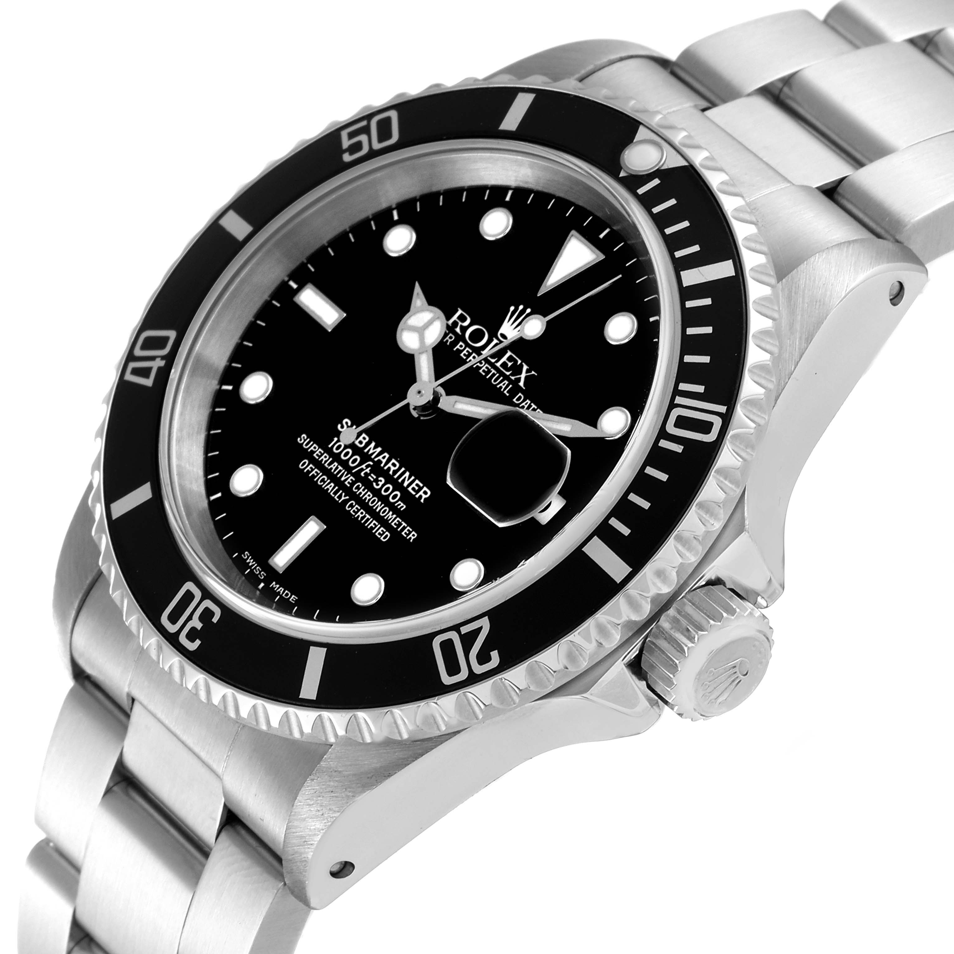 This is a close-up angle capturing the face, bezel, crown, and bracelet of the Rolex Submariner 16610 Men
s Stainless Steel Black Dial 16610 Men
s Stainless Steel Black Dial watch.