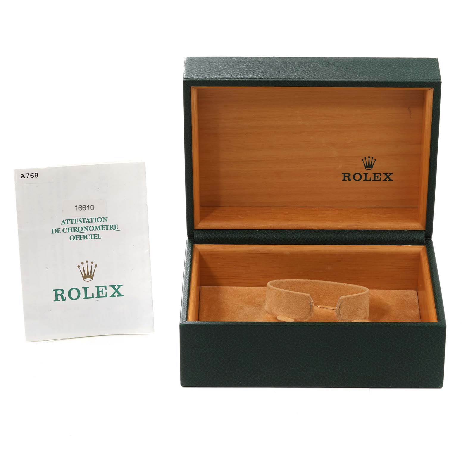 The image shows a Rolex Submariner 16610 Men
s Stainless Steel Black Dial 16610 Men
s Stainless Steel Black Dial watch box and its official certification document.