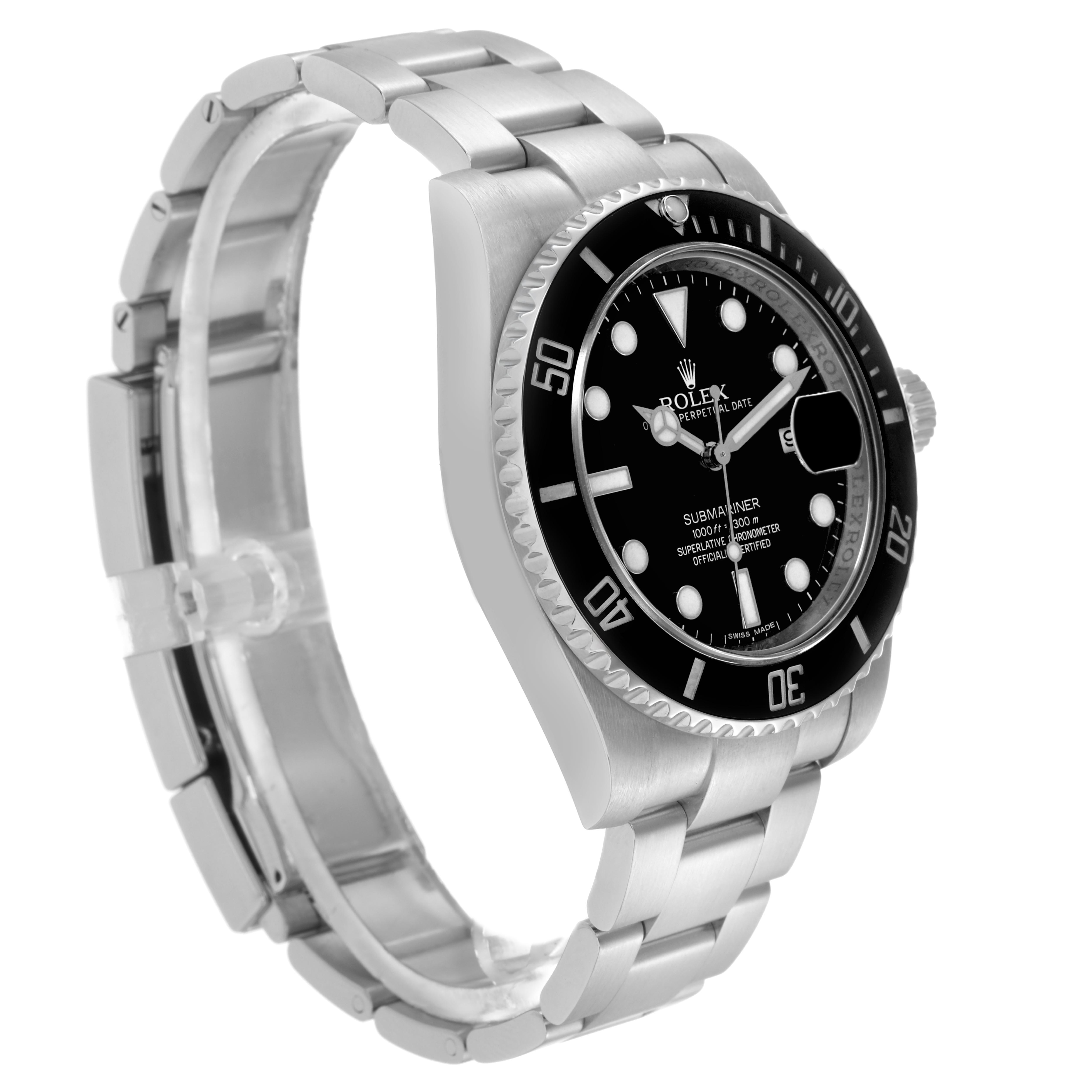 The Rolex Submariner 116610LN Men
s Stainless Steel Black Dial 116610LN Men
s Stainless Steel Black Dial watch is shown at a three-quarter angle, highlighting the bezel, dial, bracelet, and crown.
