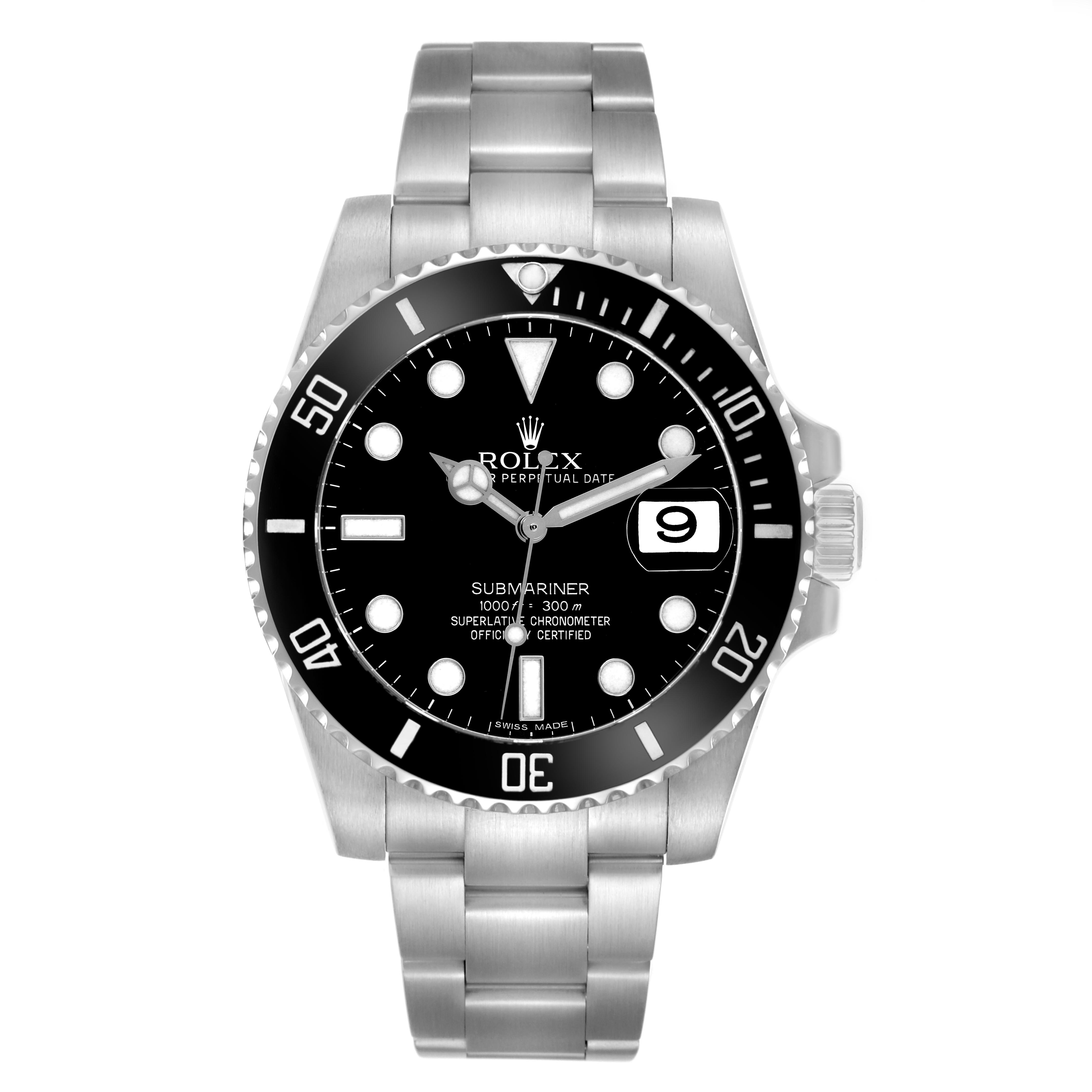 The Rolex Submariner 116610LN Men
s Stainless Steel Black Dial 116610LN Men
s Stainless Steel Black Dial watch is shown from a top view, displaying the face, bezel, bracelet, and crown.